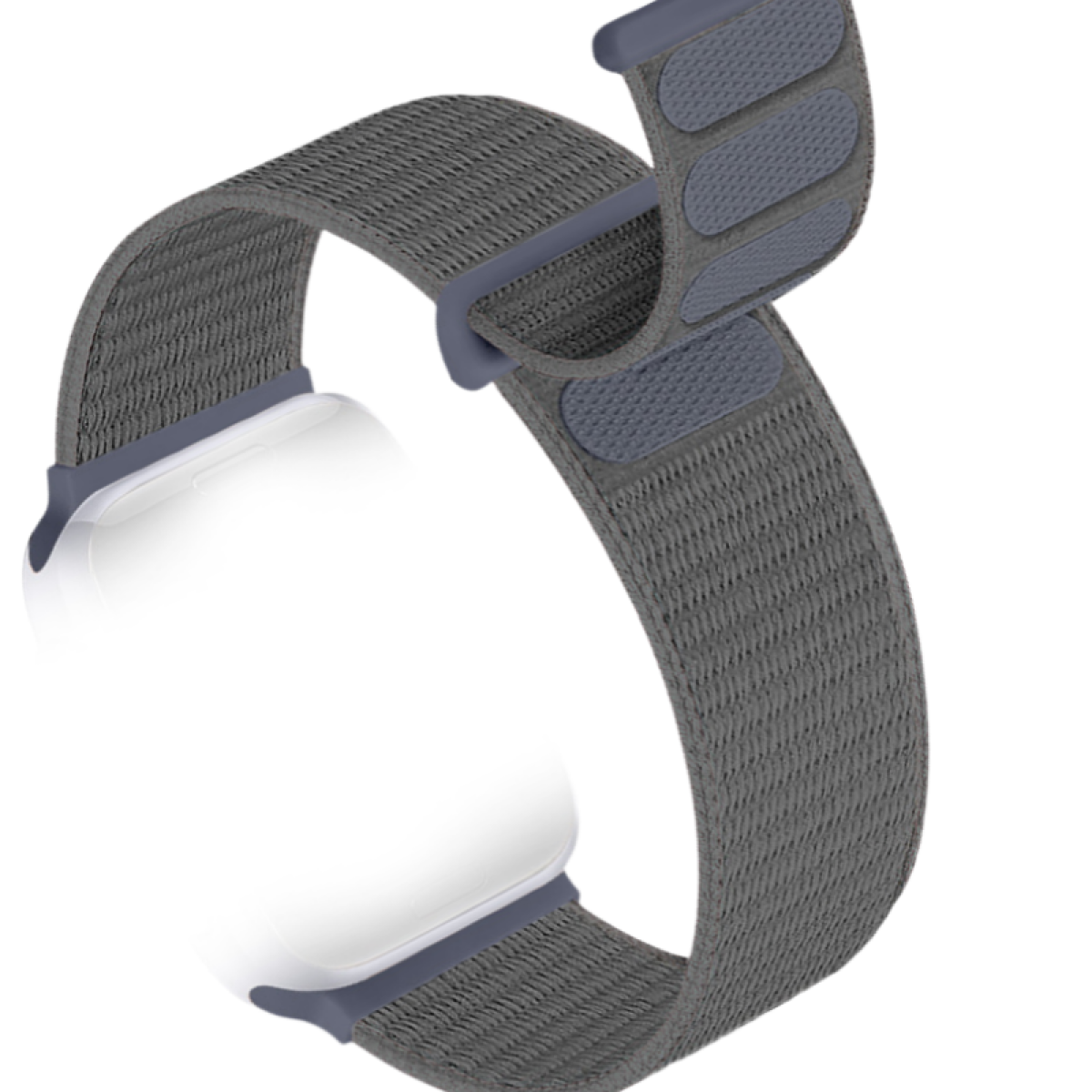 Un cinturino grigio tessuto con un quadrante bianco. Il cinturino ha una chiusura in velcro. I dettagli mostrano la trama e il design del cinturino.