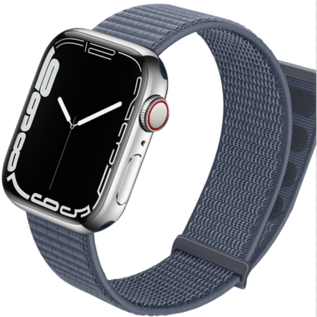 Silberne Apple Watch mit marineblauem Nylonarmband. Das Zifferblatt ist schwarz mit weißen Zahlen und Zeigern. Ein roter Punkt an der Seite.