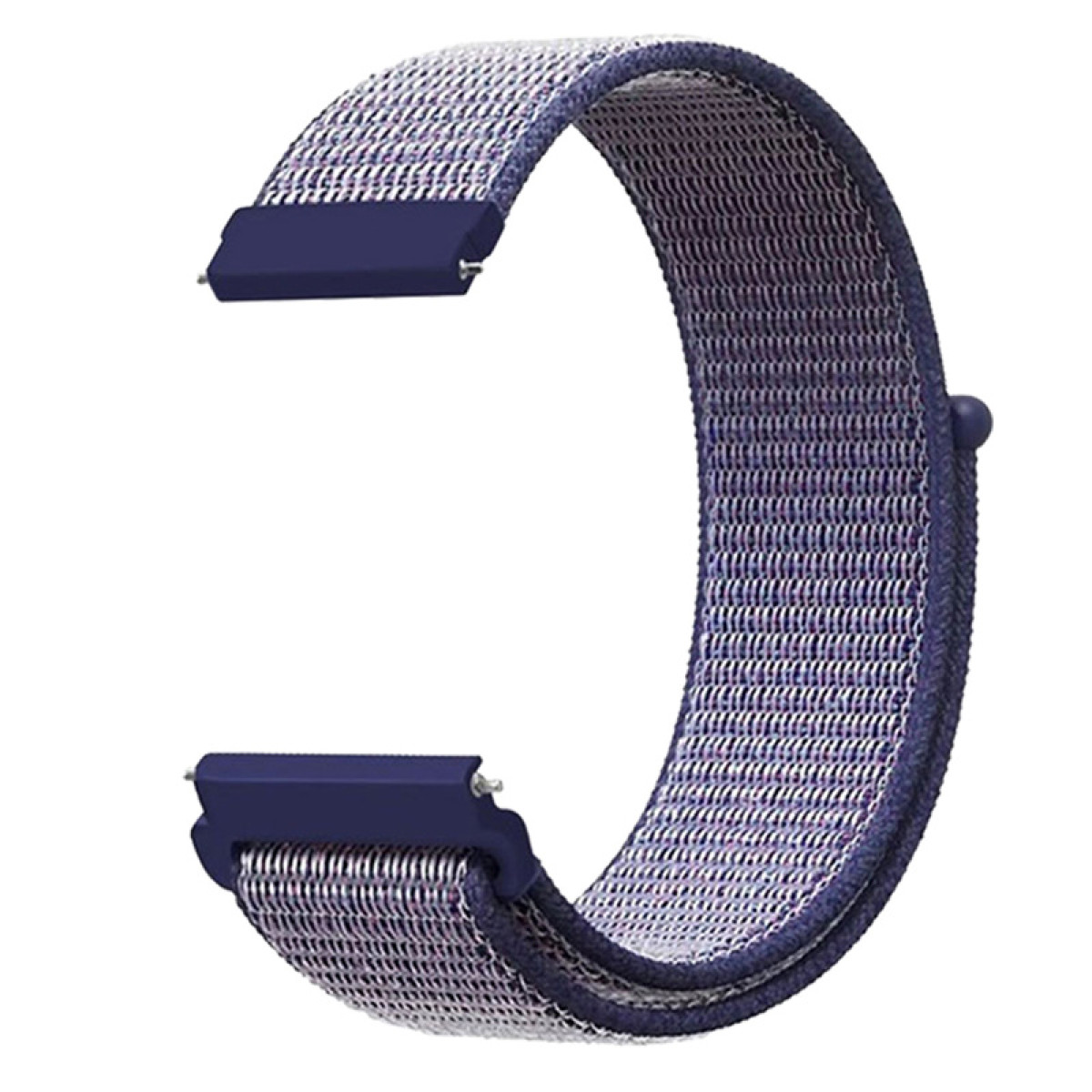 Ein marineblaues und weiß gemustertes Armband, gebogen, mit einer dunkelblauen Schnalle an jedem Ende und einem kleinen Kugeldetail.