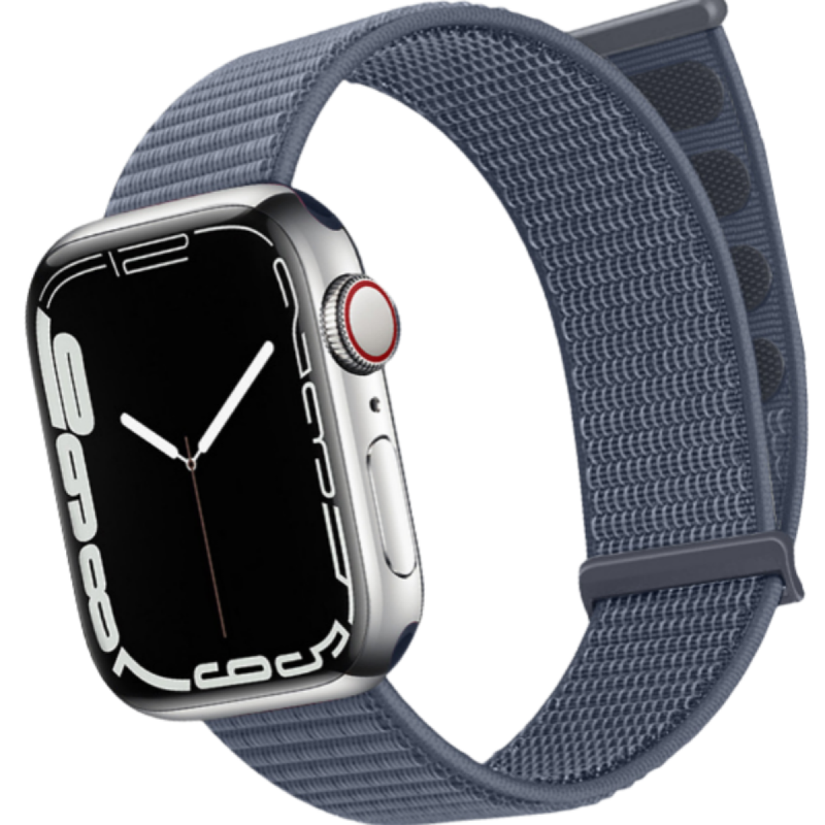 Silberne Apple Watch mit dunkelblauem gewebtem Armband, schwarzer Bildschirm mit Uhrzeit. Roter Knopf an der Seite.