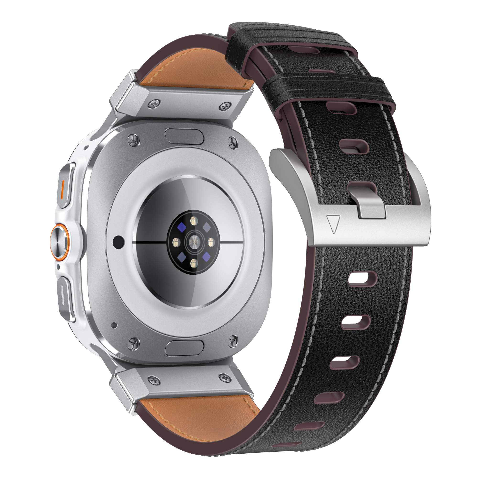 Silberne Smartwatch mit schwarzem und braunem Lederarmband. Die Rückseite zeigt Sensoren. Knöpfe befinden sich an der Seite. Die Uhr ist auf Weiß isoliert.