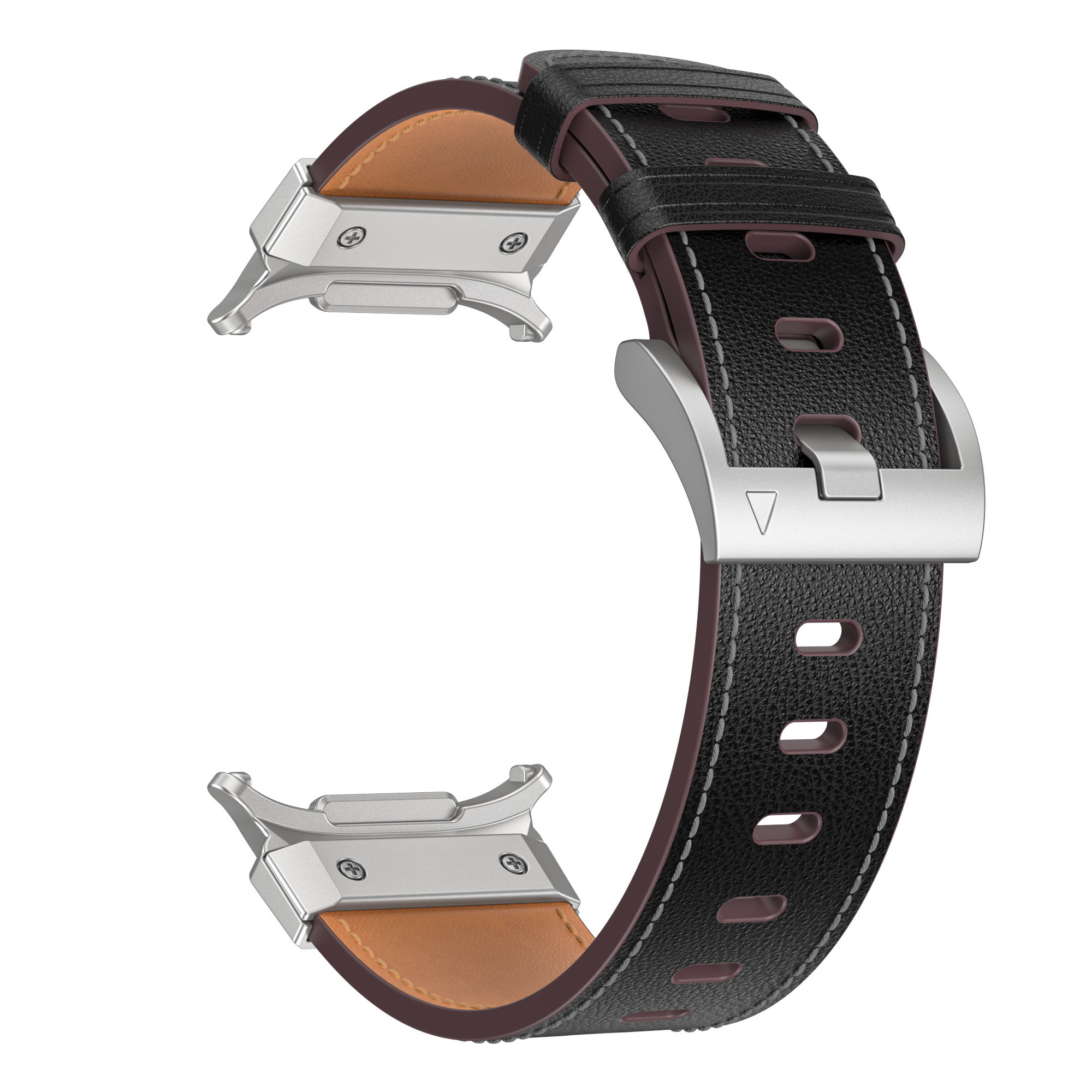 Schwarzes Leder-Uhrenarmband mit braunem Innenfutter und silbernen Verschlüssen. Mit Nähten und Löchern zur Anpassung, isoliert auf Weiß.