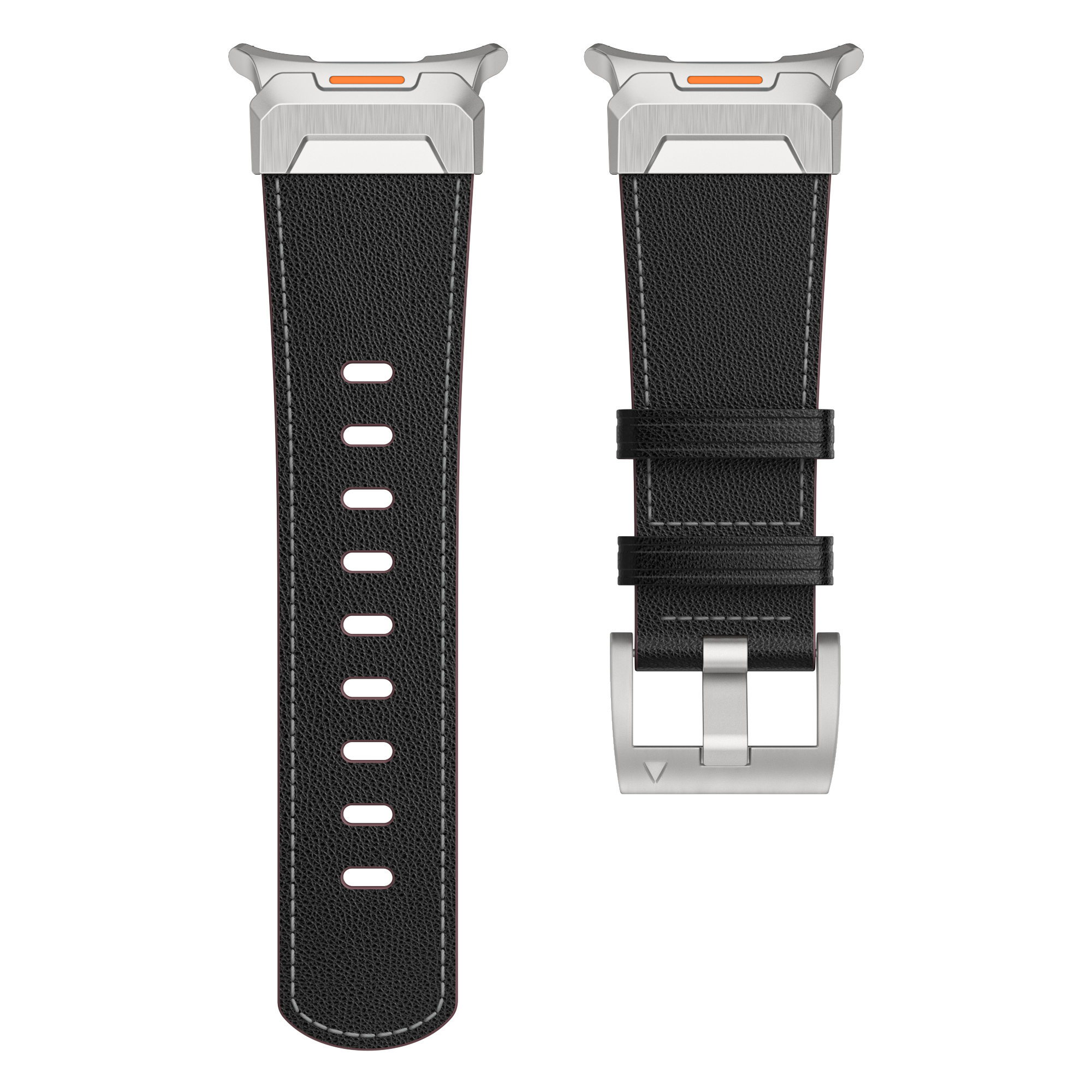 Schwarzes Leder-Armband mit silberner Hardware. Eine Seite hat Löcher, die andere einen Verschluss.
