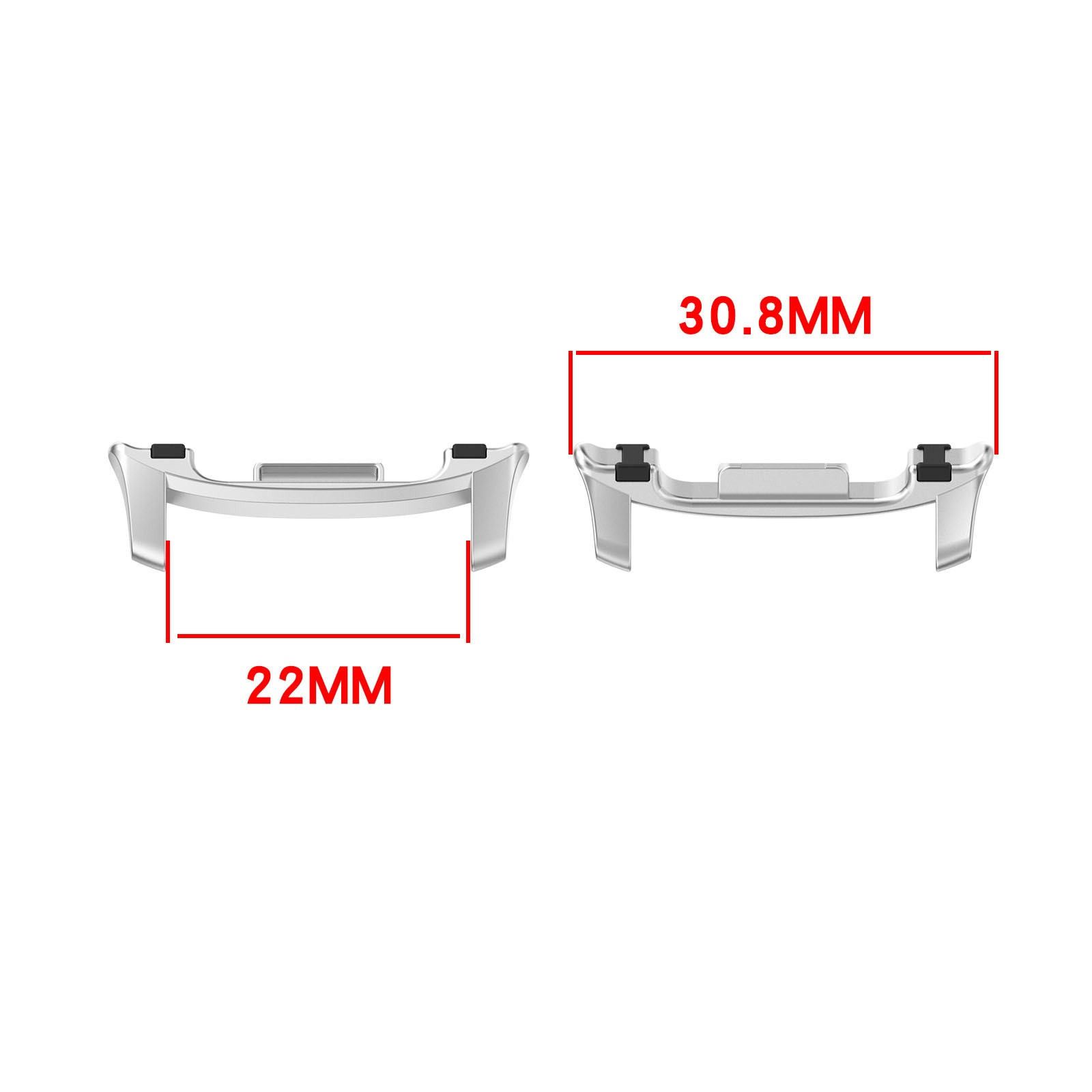 Zwei silberne Armbandanschlüsse mit schwarzen Akzenten. Abmessungen: 22 mm und 30,8 mm, vor weißem Hintergrund.