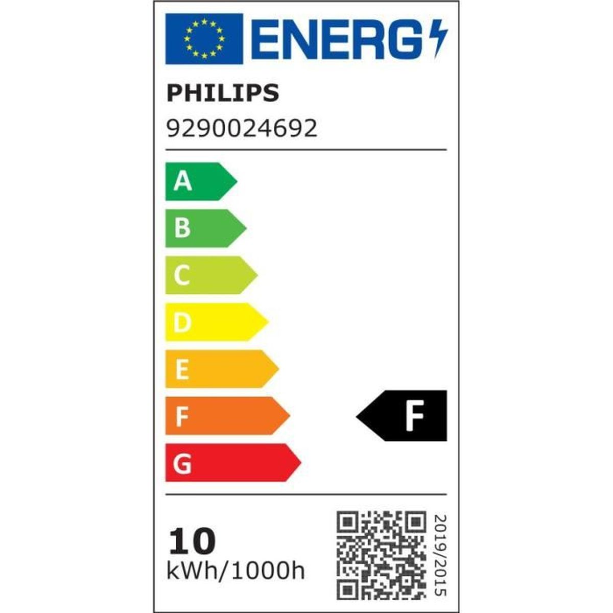 Etykieta energetyczna. Pokazuje markę Philips, klasy efektywności energetycznej od A do G, z wyróżnioną klasą F. Zawiera kod QR i 10 kWh/1000h.