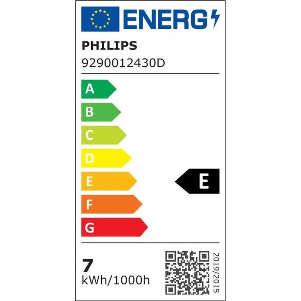 Energielabel met Philips-logo, energieschaal A-G, 'E' gemarkeerd. Inclusief QR-code en '7 kWh/1000h'.