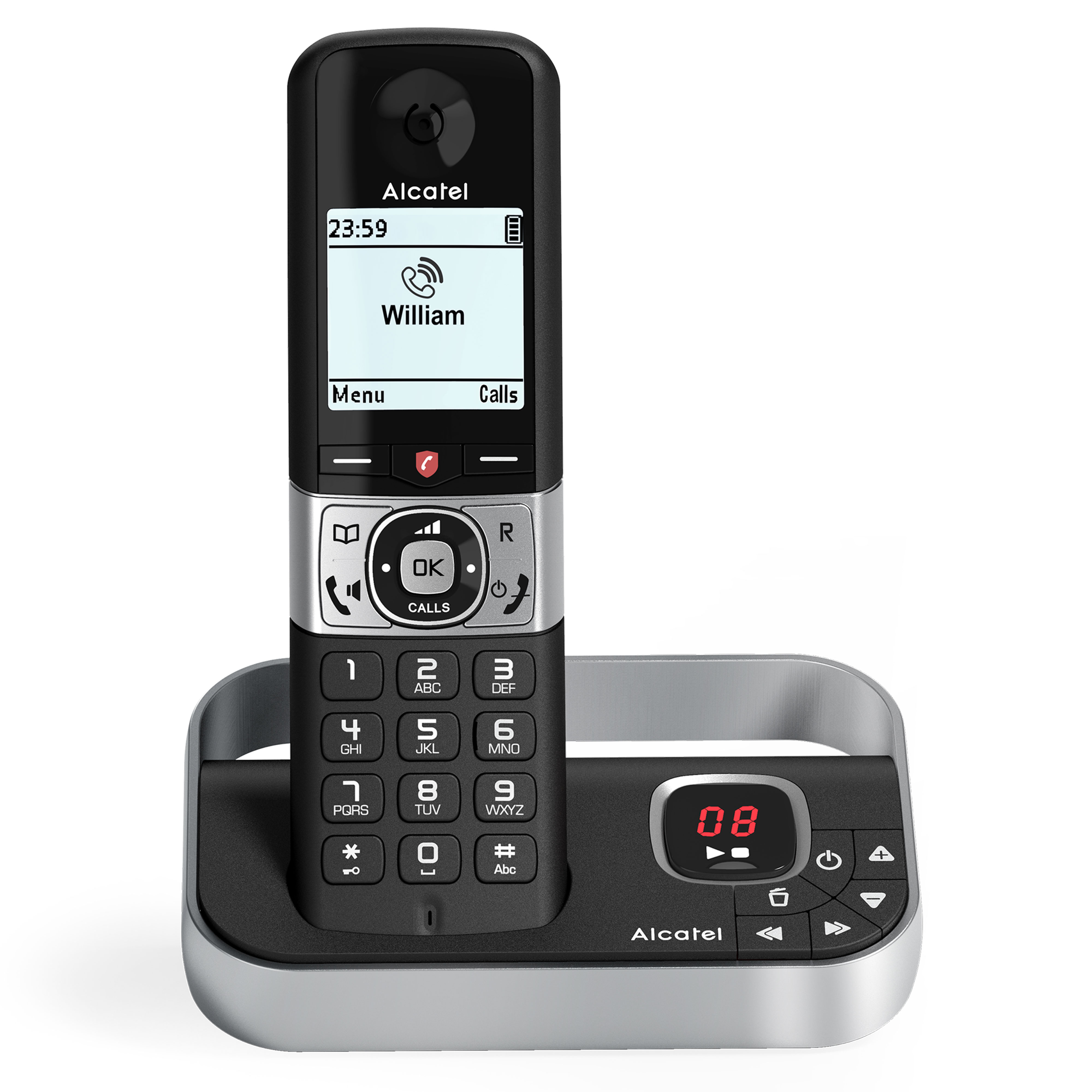 Un telefono cordless Alcatel su una base argentata. Il telefono visualizza l'ora e il nome di un contatto, con tasti numerici.