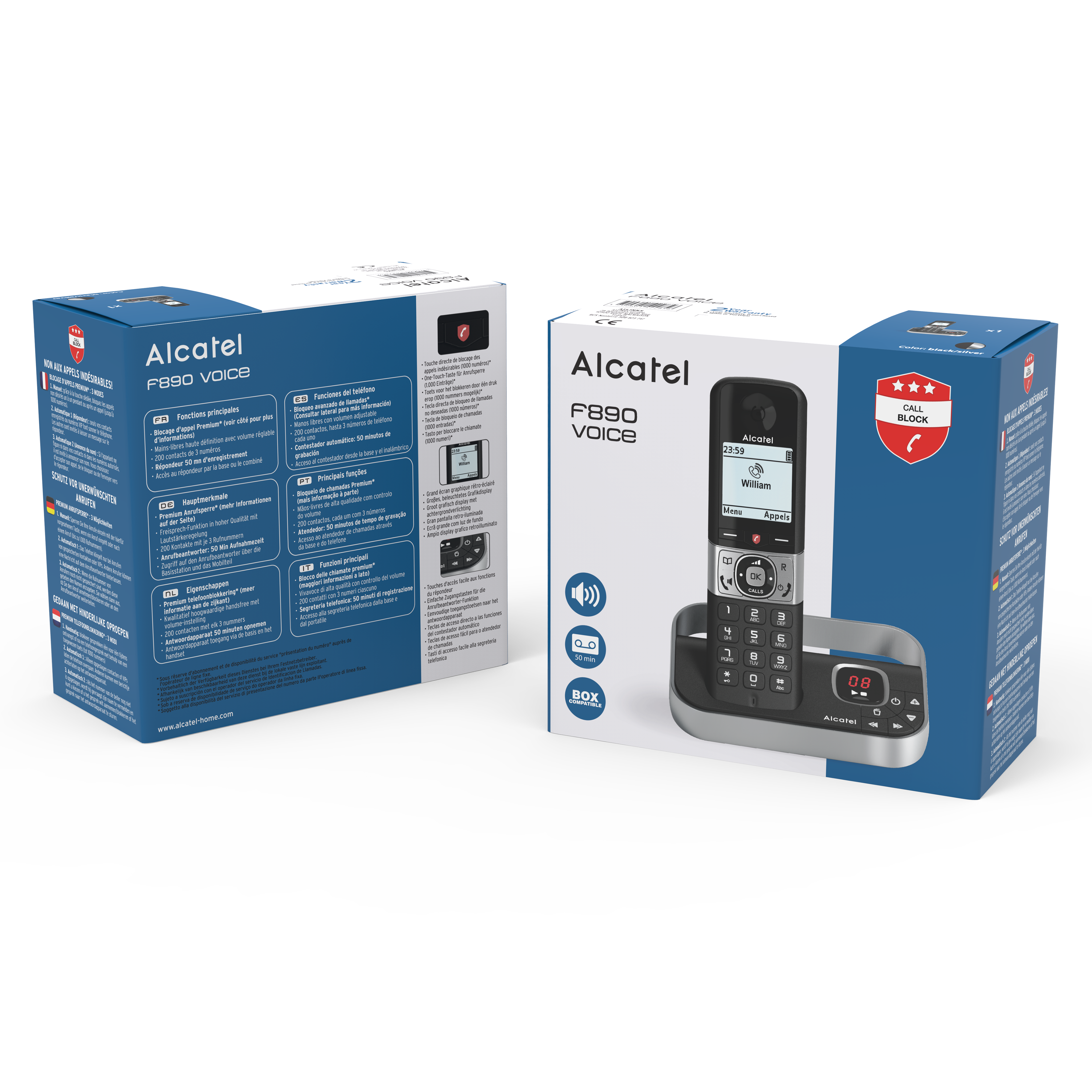 Una scatola di telefono fisso con un telefono e la sua base. La scatola mostra funzioni e il marchio Alcatel.
