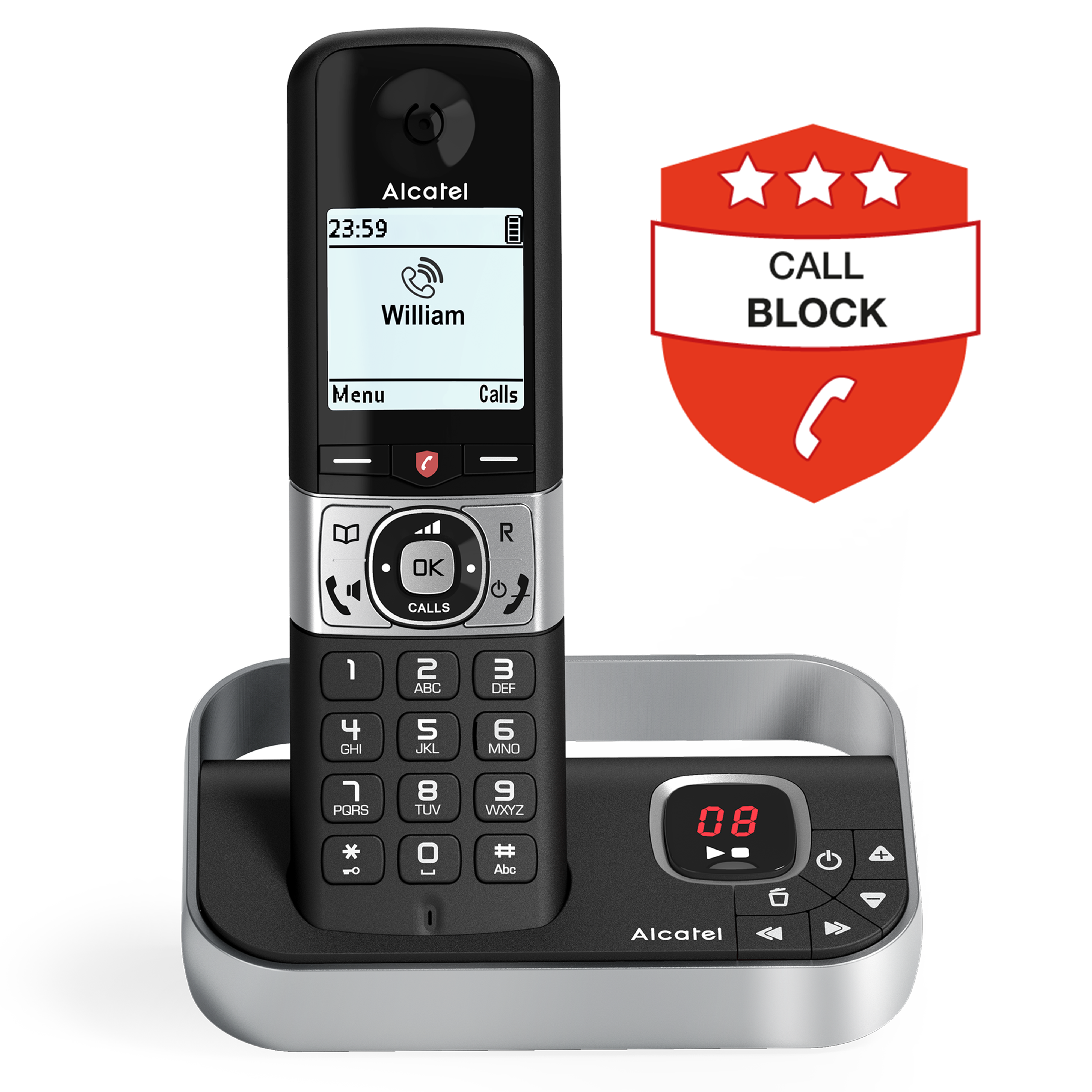 Un telefono cordless Alcatel nero e argento su una base. Un cartello rosso 'Blocco chiamate' è visualizzato a destra.