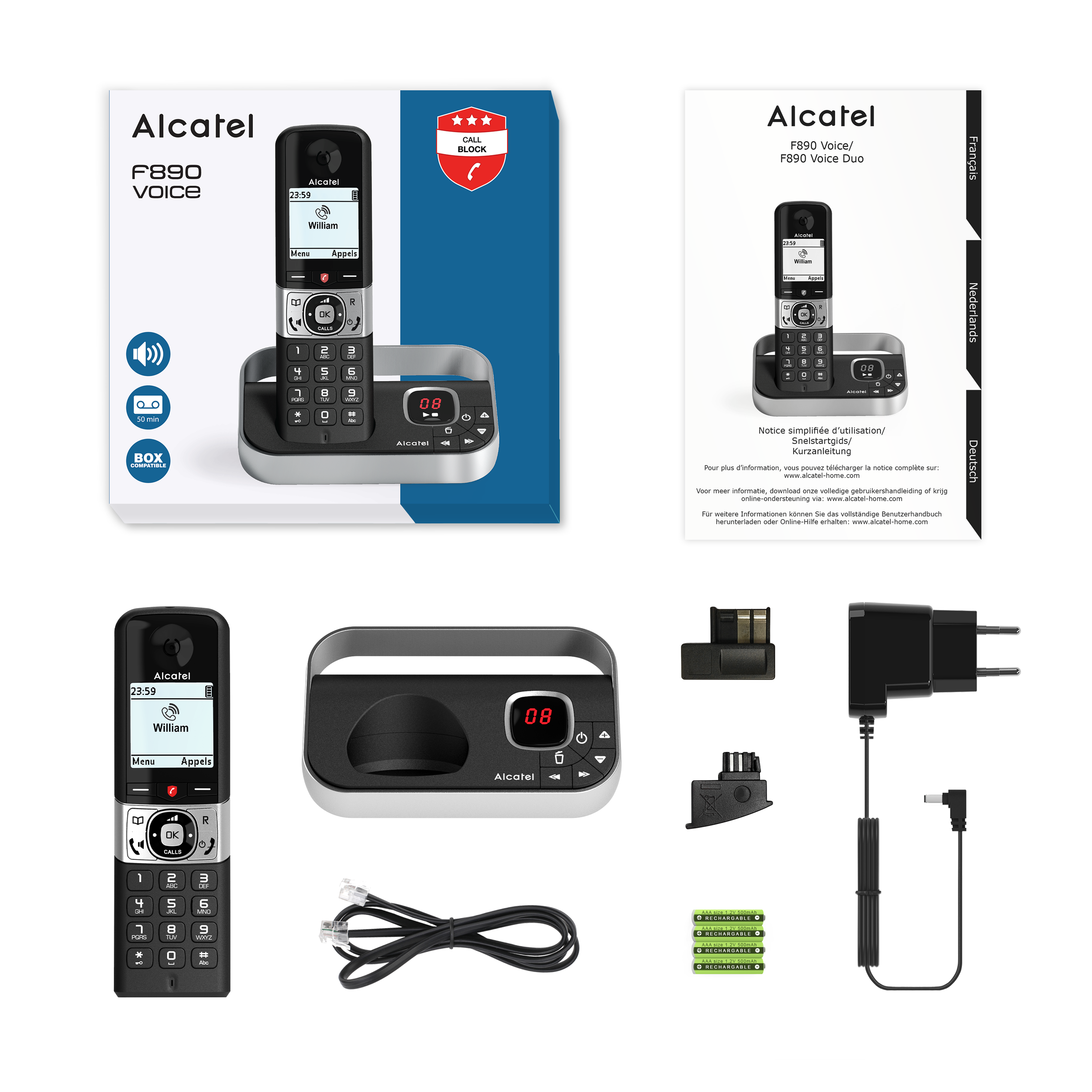 Telefono Alcatel F890 Voice e accessori. Il telefono mostra l'ora e 'William'. Sono visibili anche la base e il caricabatterie.