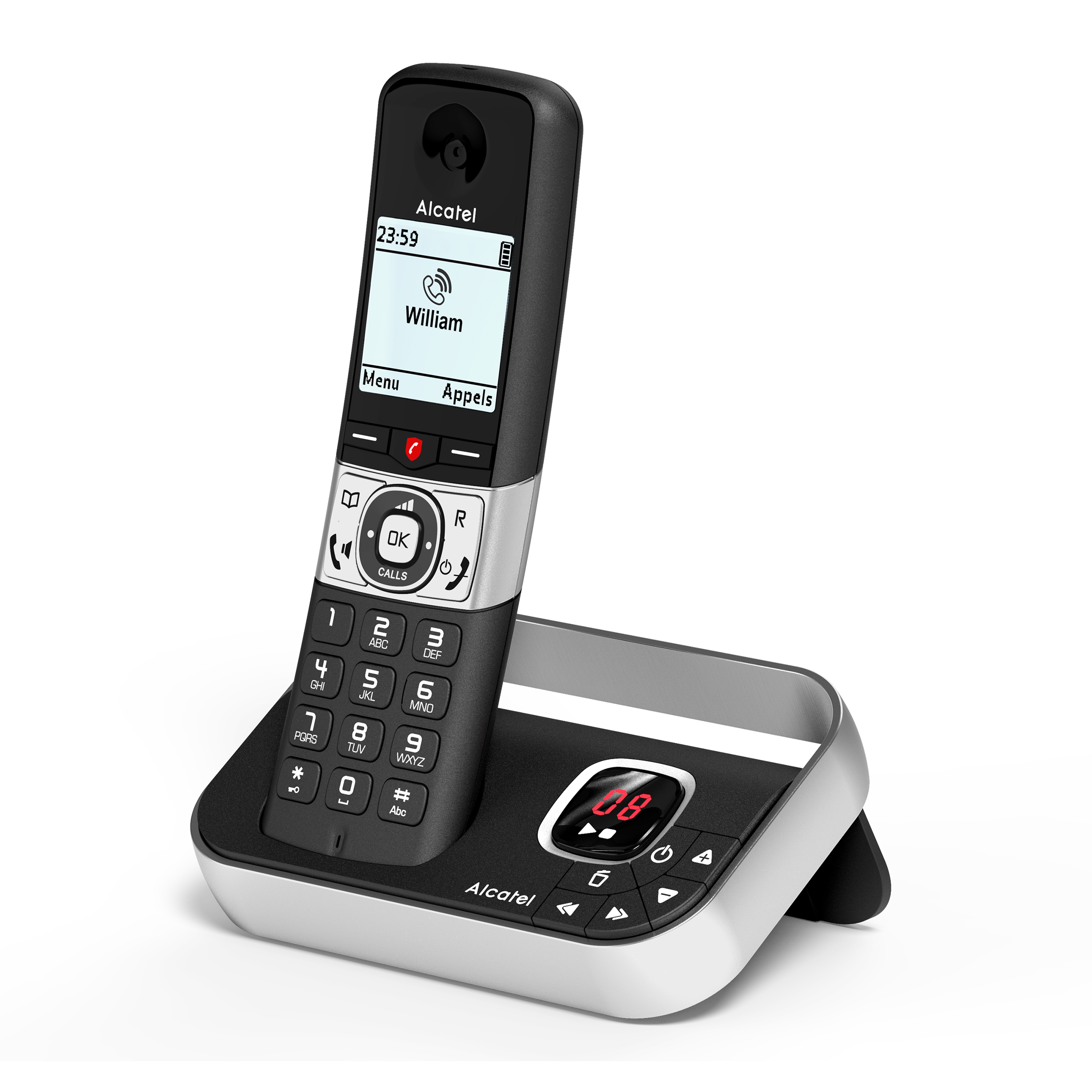 Un telefono cordless Alcatel su una superficie bianca. Il telefono è nero e argento, con uno schermo.