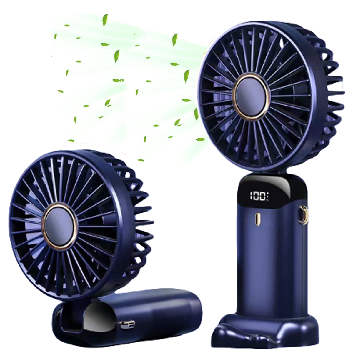 Zwei marineblaue tragbare Ventilatoren. Einer ist offen und geneigt, der andere ist geschlossen. Grüne Blätter sind in der Luft. Das Display zeigt 100%.