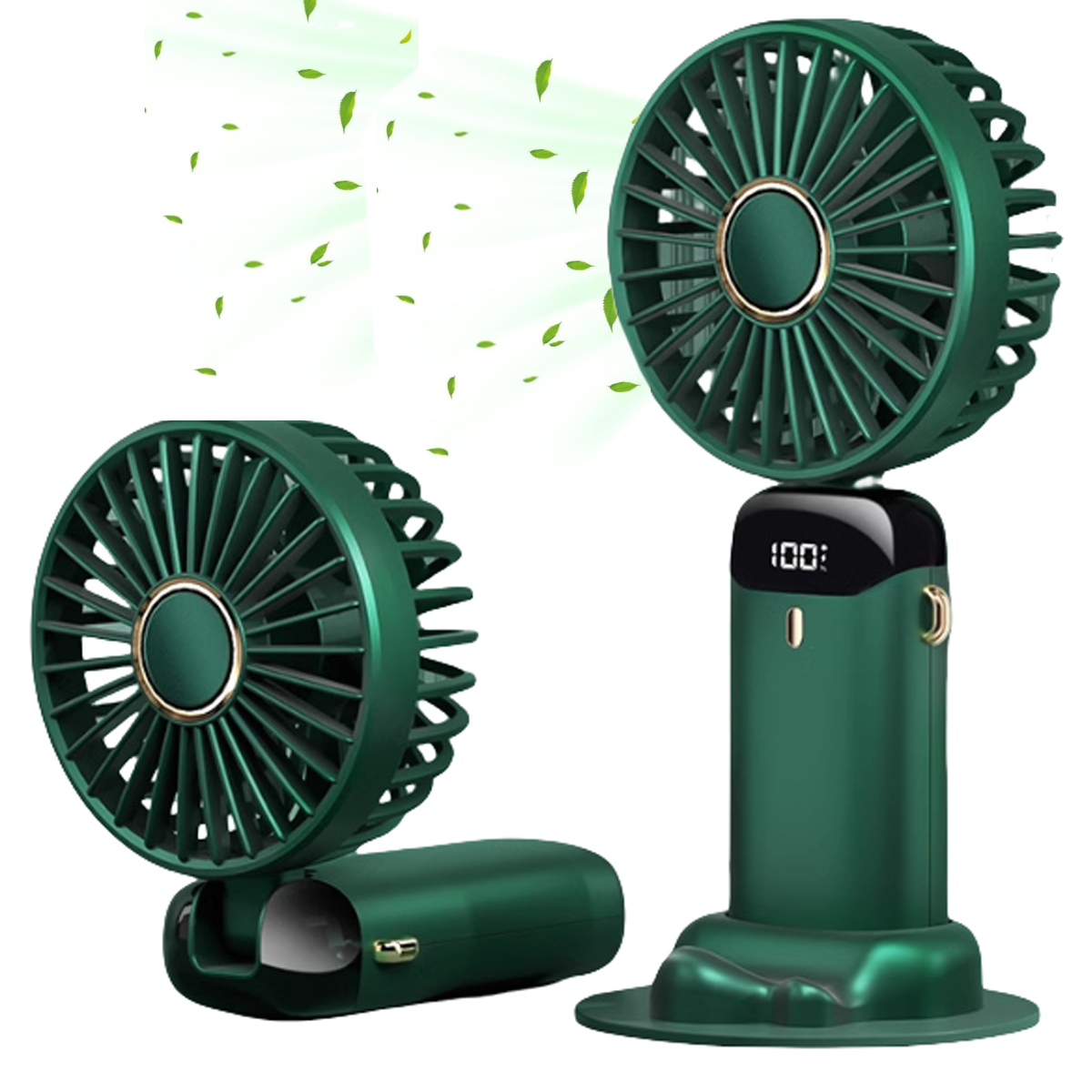 Zwei grüne tragbare Ventilatoren, einer aufrecht, einer angewinkelt, mit Digitalanzeige. Grüne Blätter scheinen von den Ventilatoren geweht zu werden.