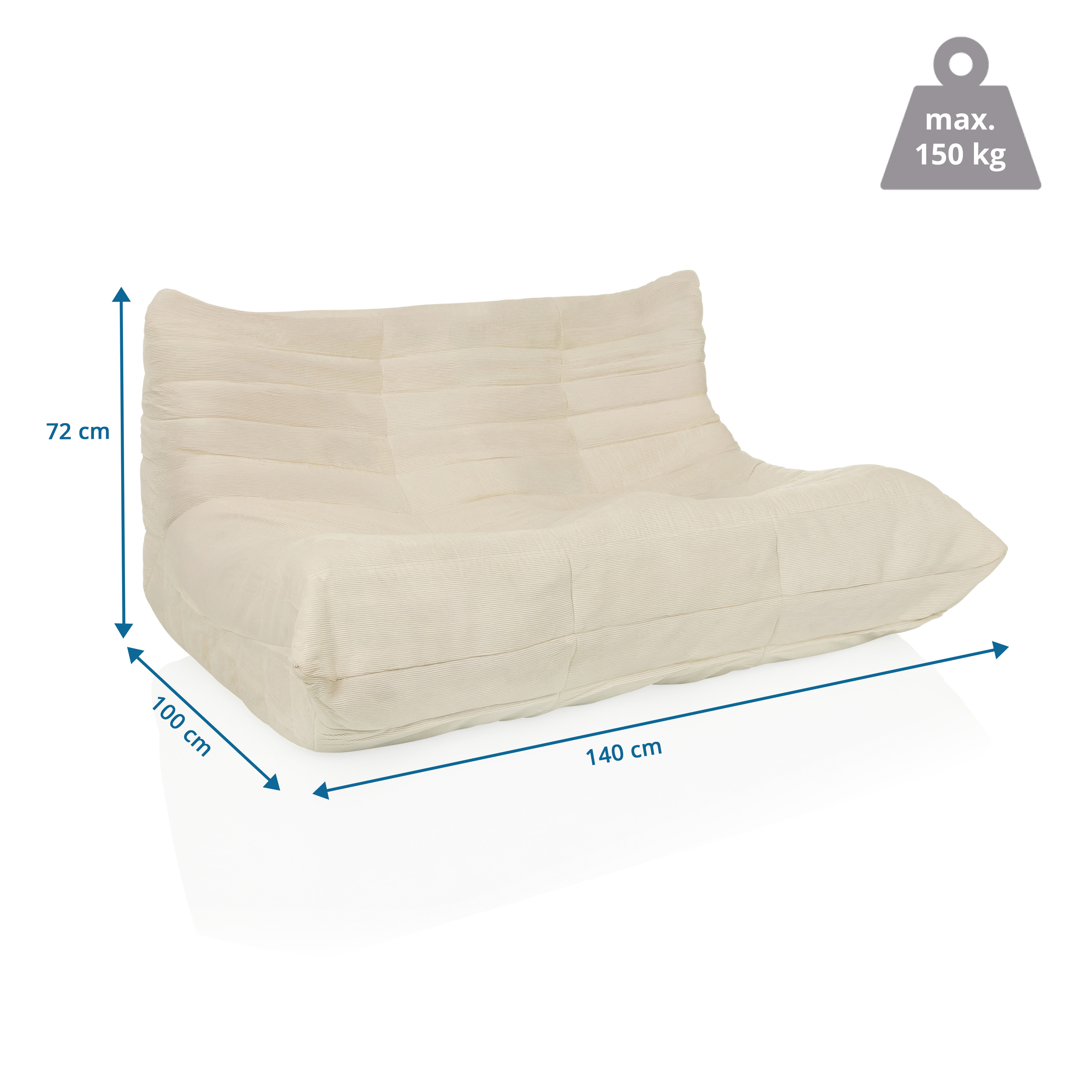 Ein cremefarbener Cord-Sessel mit markierten Abmessungen. Er hat ein Gewichtsbegrenzungssymbol.