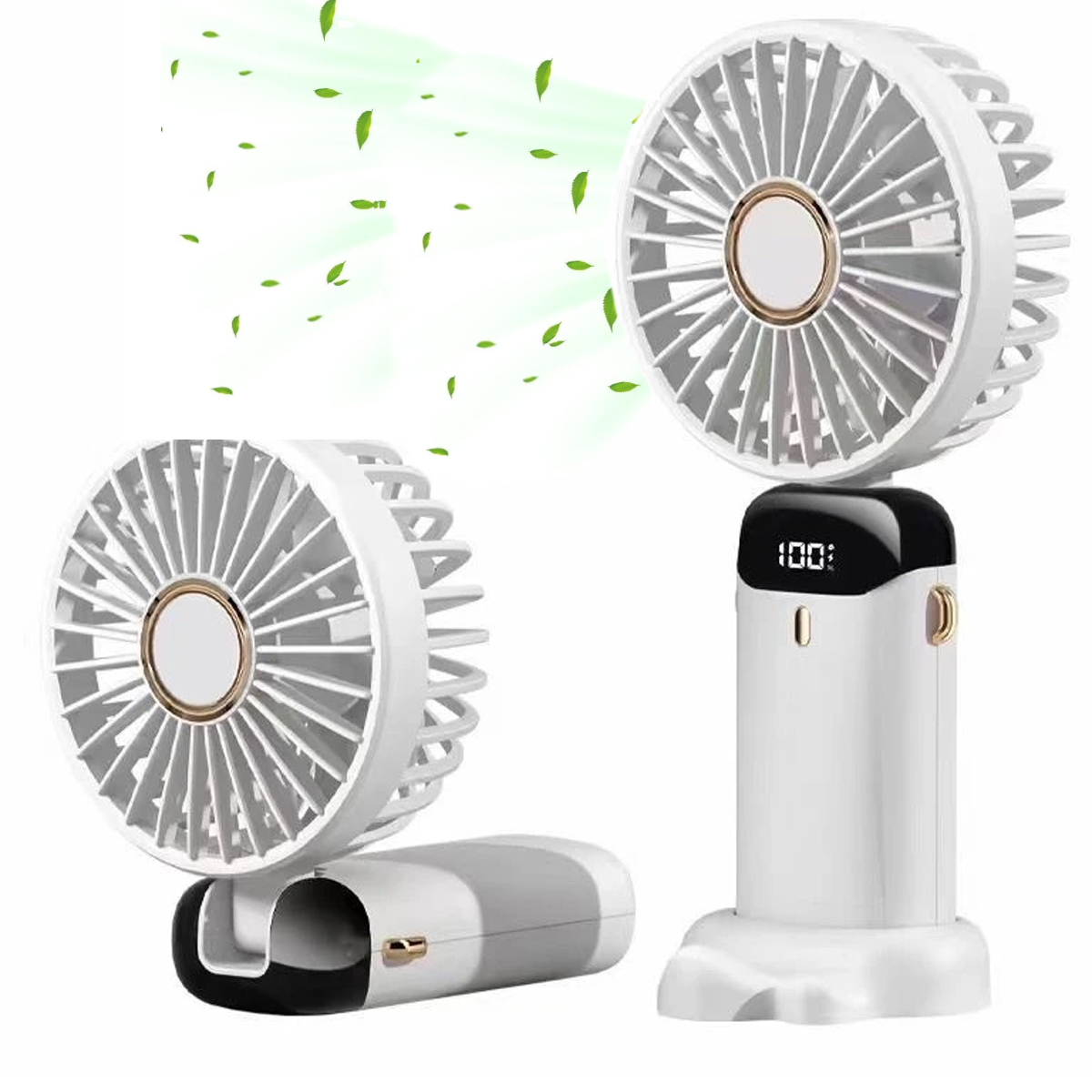 Zwei weiße tragbare Ventilatoren mit goldenen Akzenten, einer aufrecht und einer gefaltet. Grüne Blätter und Luftstromgrafiken. Anzeige zeigt 100%.