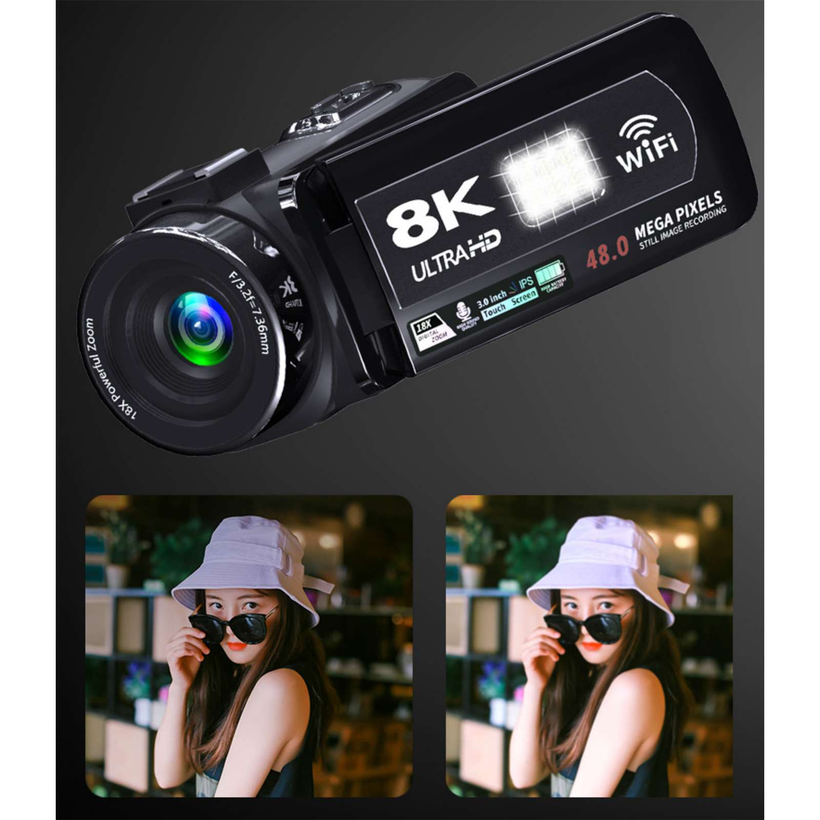 Eine schwarze 8K Ultra HD Kamera. Unten sind zwei Bilder einer Frau mit Hut und Sonnenbrille.