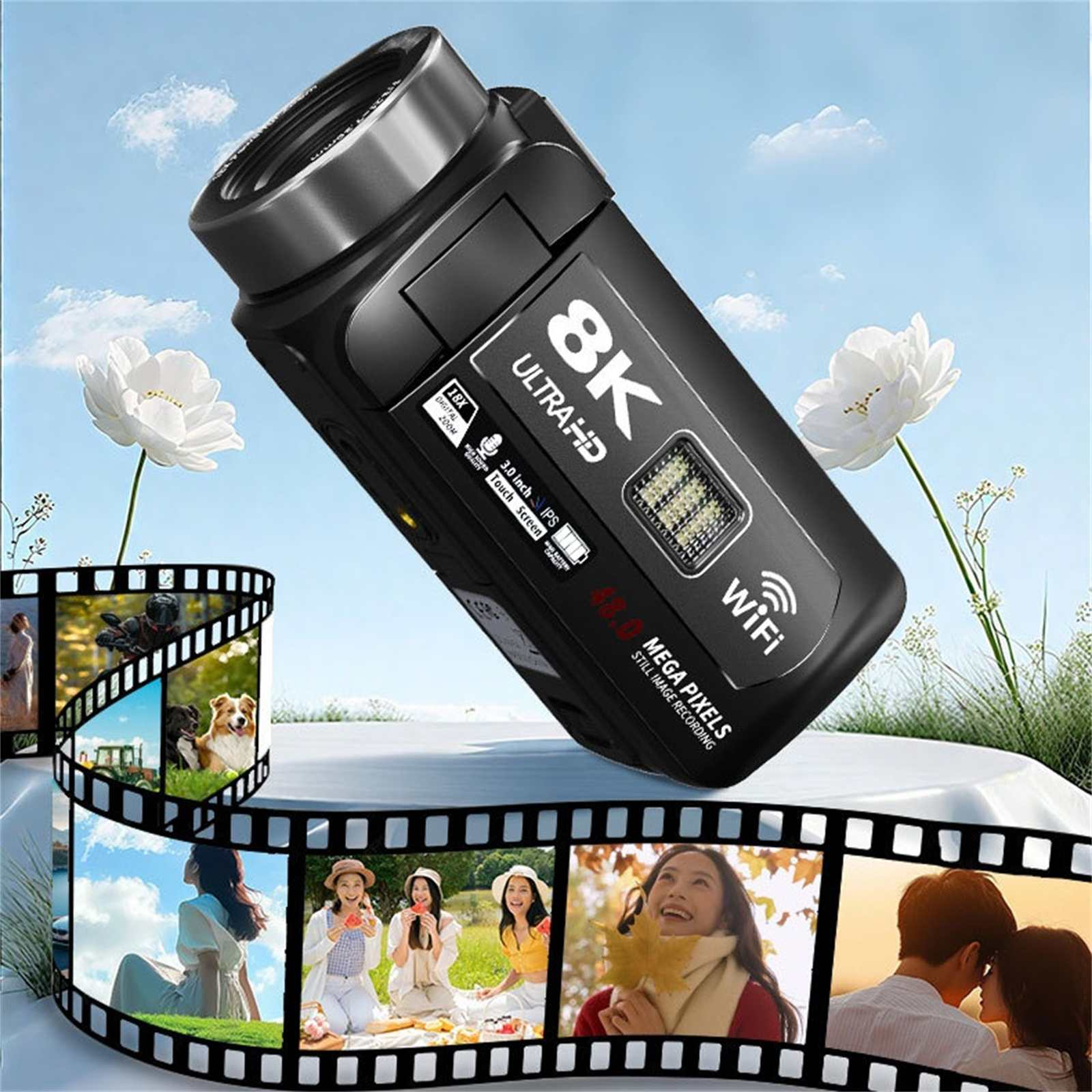 Schwarze 8K Ultra HD Kamera mit weißen Blumen und Filmstreifen mit Fotos. Himmel im Hintergrund.
