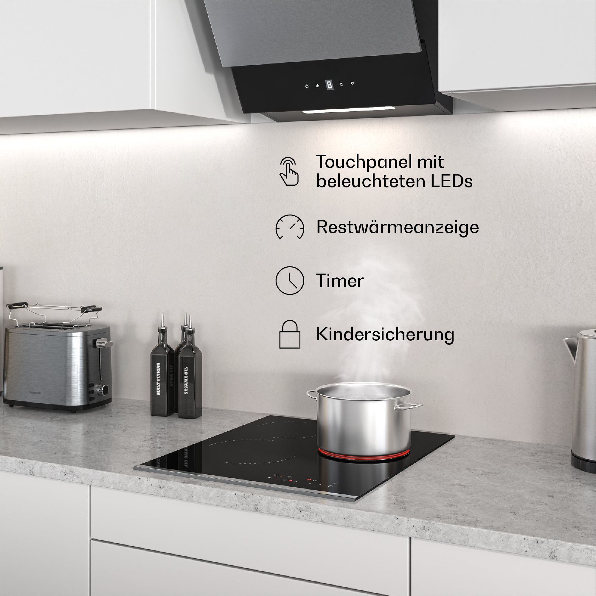 Eine Küchenszene mit einem Induktionskochfeld, einem Topf mit Dampf und einem Toaster.