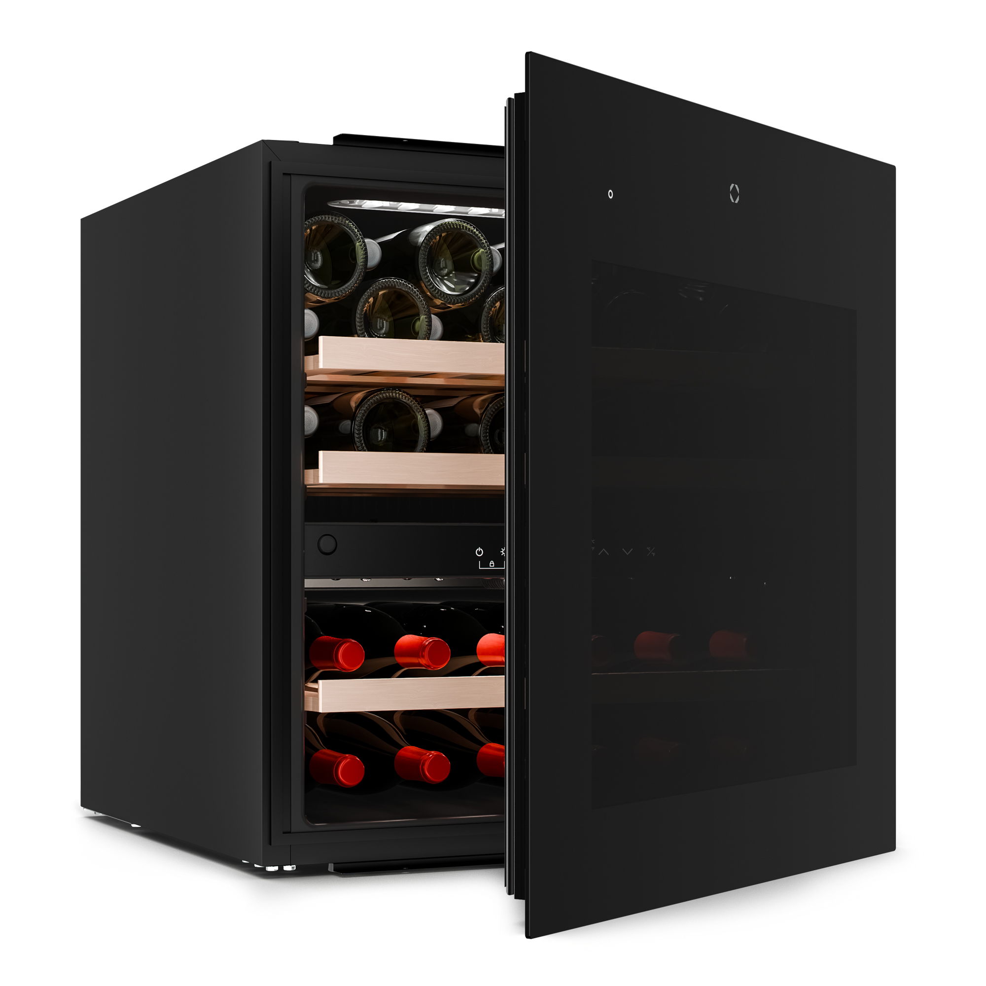 Un'enoteca nera con la porta aperta, che rivela bottiglie di vino su ripiani in legno. Sono visibili capsule rosse.