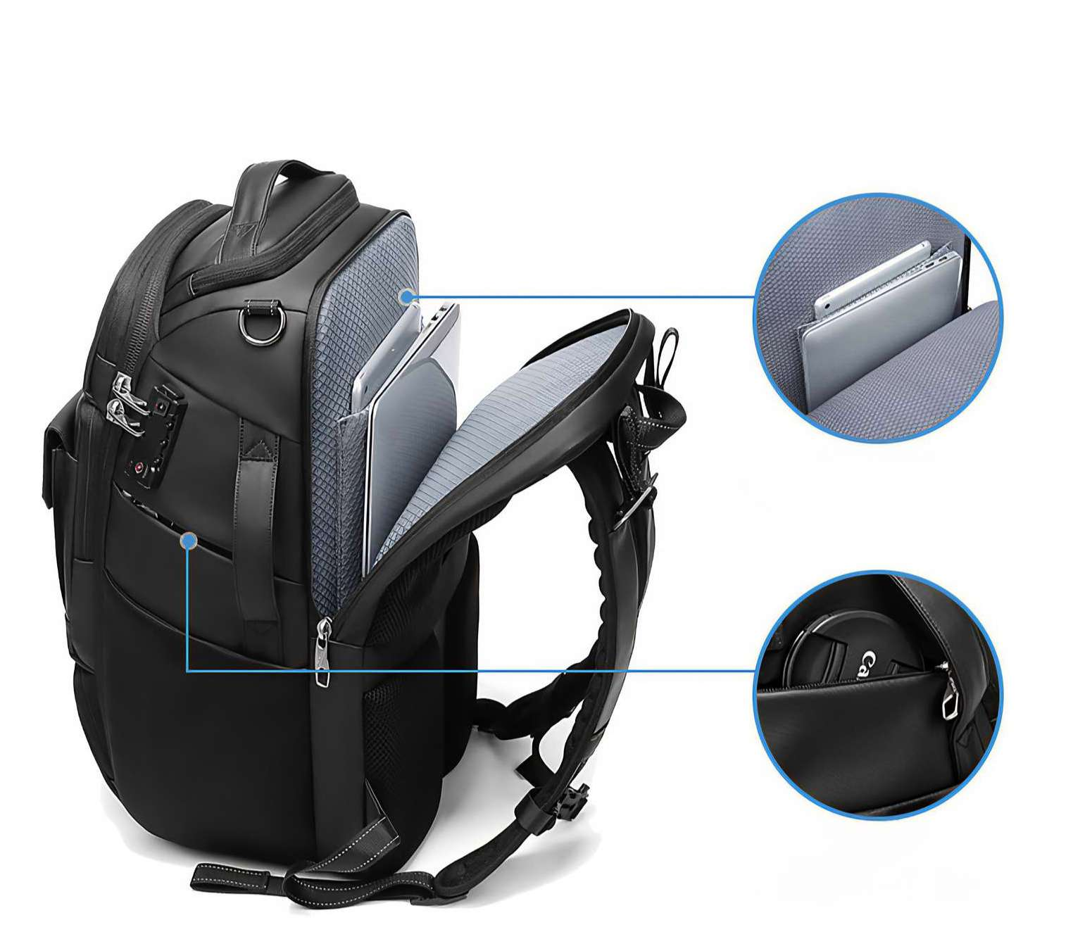 Schwarzer Rucksack mit offenen Fächern, die einen Laptop und andere Gegenstände zeigen. Enthält Nahaufnahmen von Innendetails.