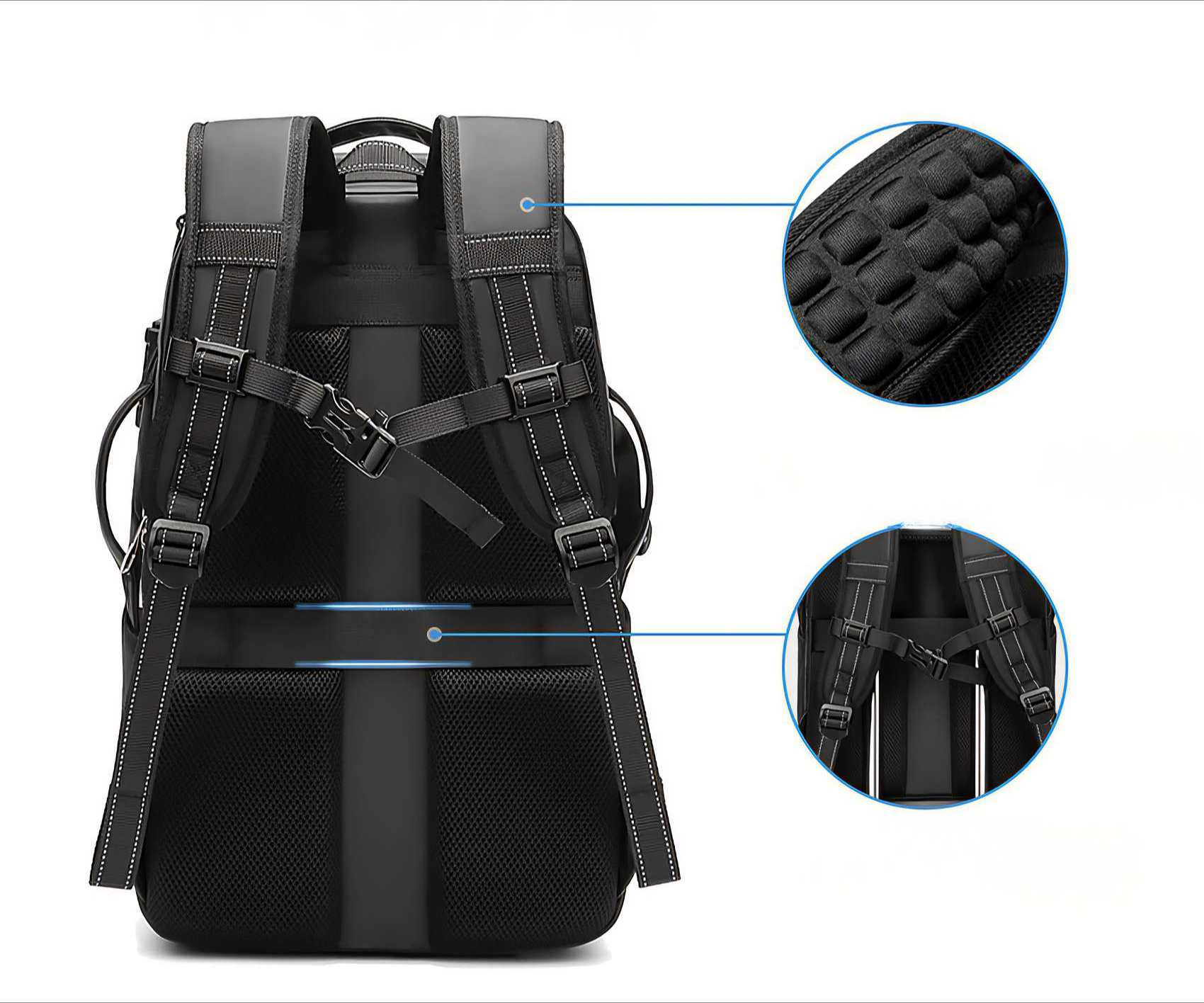 Schwarzer Rucksack mit gepolsterten Trägern und Rücken. Detaillierte Ansicht zeigt Gurte, Schnallen und ein Netzrückenteil. Nahaufnahmen zeigen Polsterung.