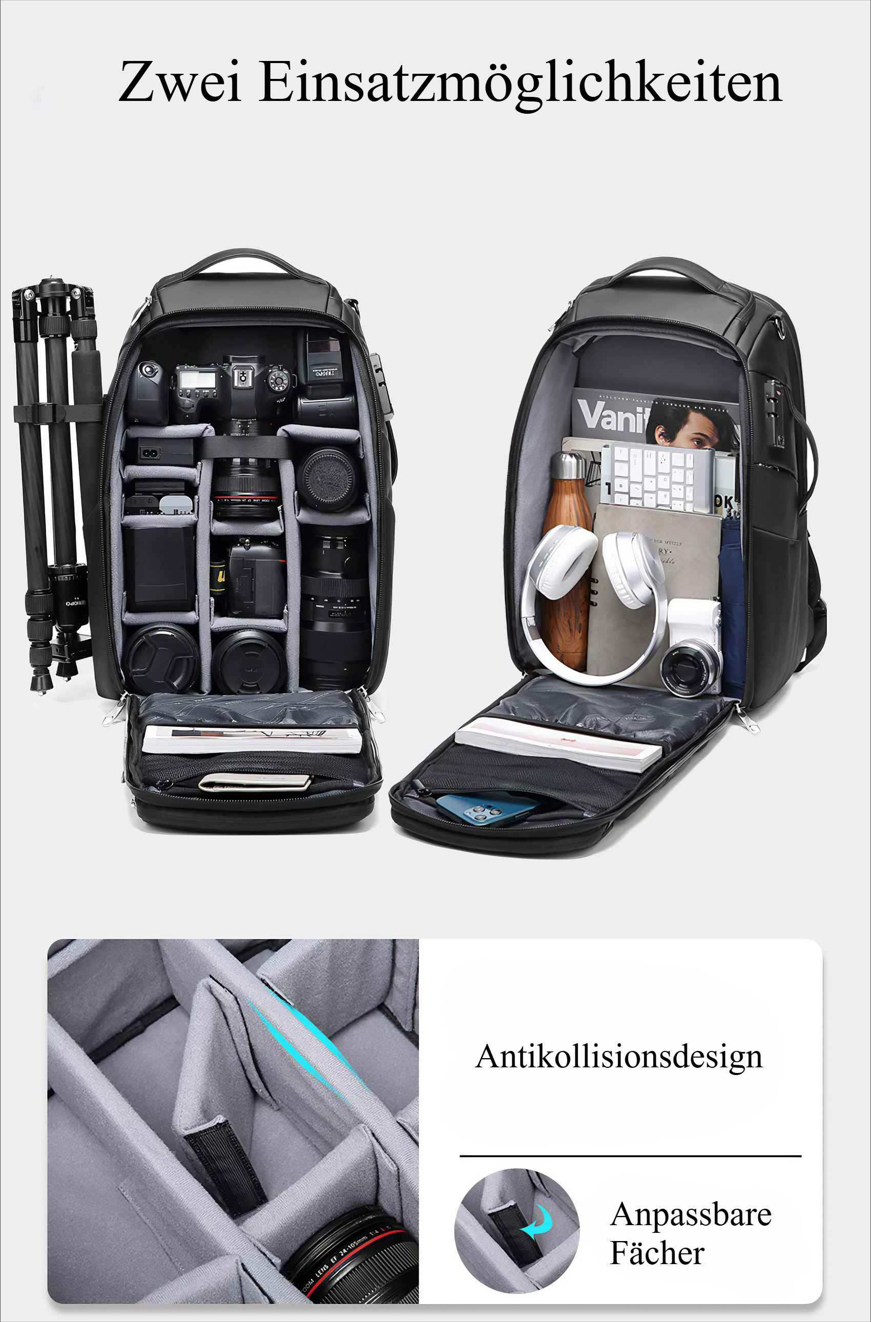 Das Bild zeigt zwei offene Kamerarucksäcke. Einer hat Kameras, Objektive und ein Stativ. Der andere hat eine Wasserflasche, Kopfhörer und eine Tastatur.
