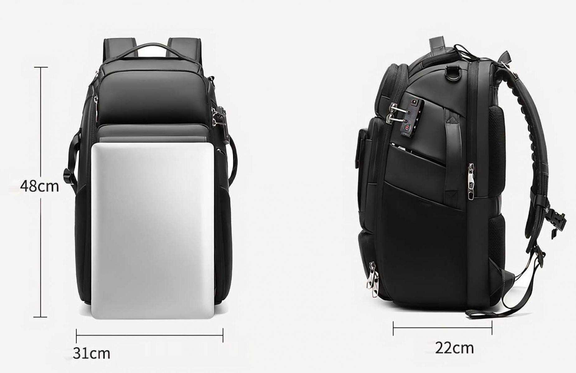 Ein schwarzer Rucksack wird aus zwei Blickwinkeln gezeigt, einer mit einem Laptop darin. Abmessungen: 48 cm hoch und 31 cm breit.