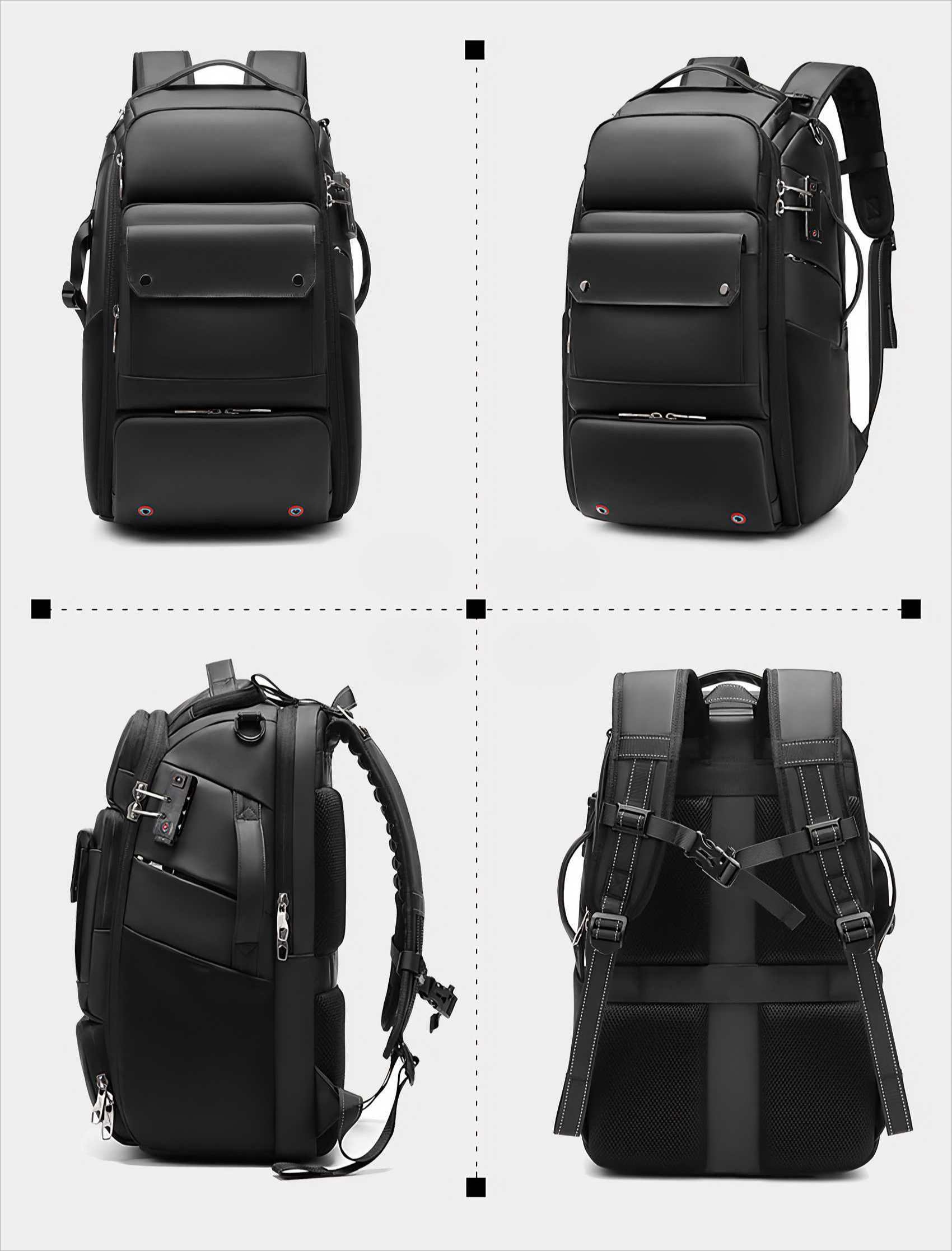 Schwarzer Rucksack mit mehreren Fächern, Taschen und Gurten. Verfügt über einen Griff, Schnallen und einen gepolsterten Rücken.