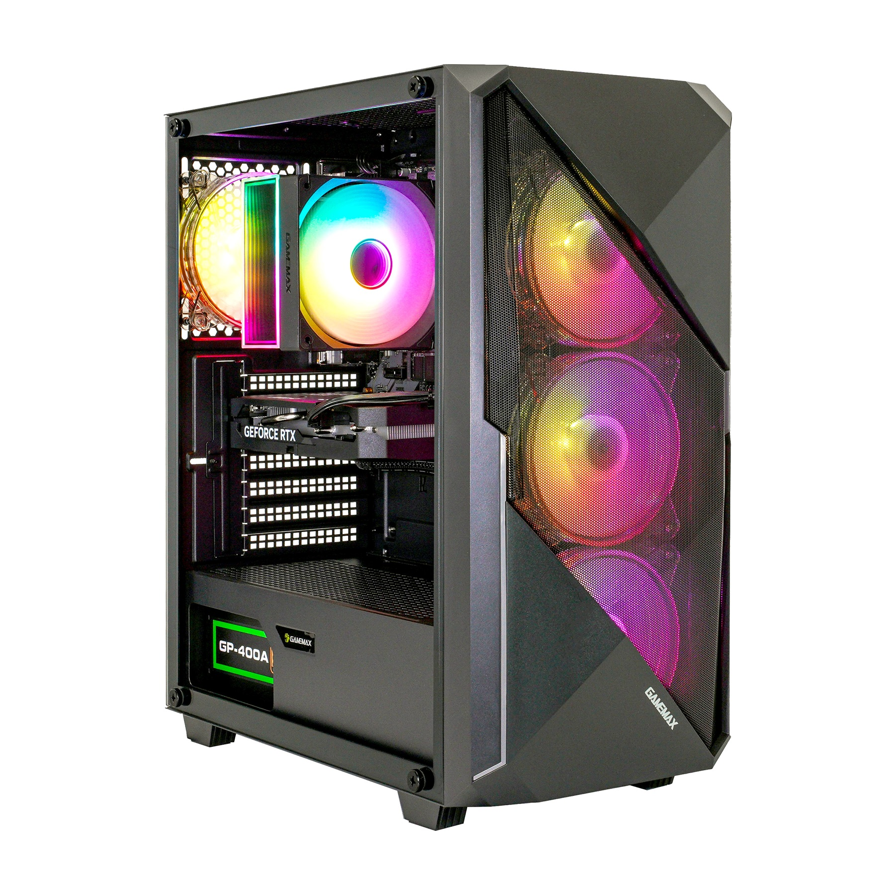 Schwarzes PC-Gehäuse mit farbenfrohen LED-Lüftern und -Komponenten. Die Front hat drei Lüfter. Das Gehäuse enthält eine Grafikkarte und ein Netzteil.