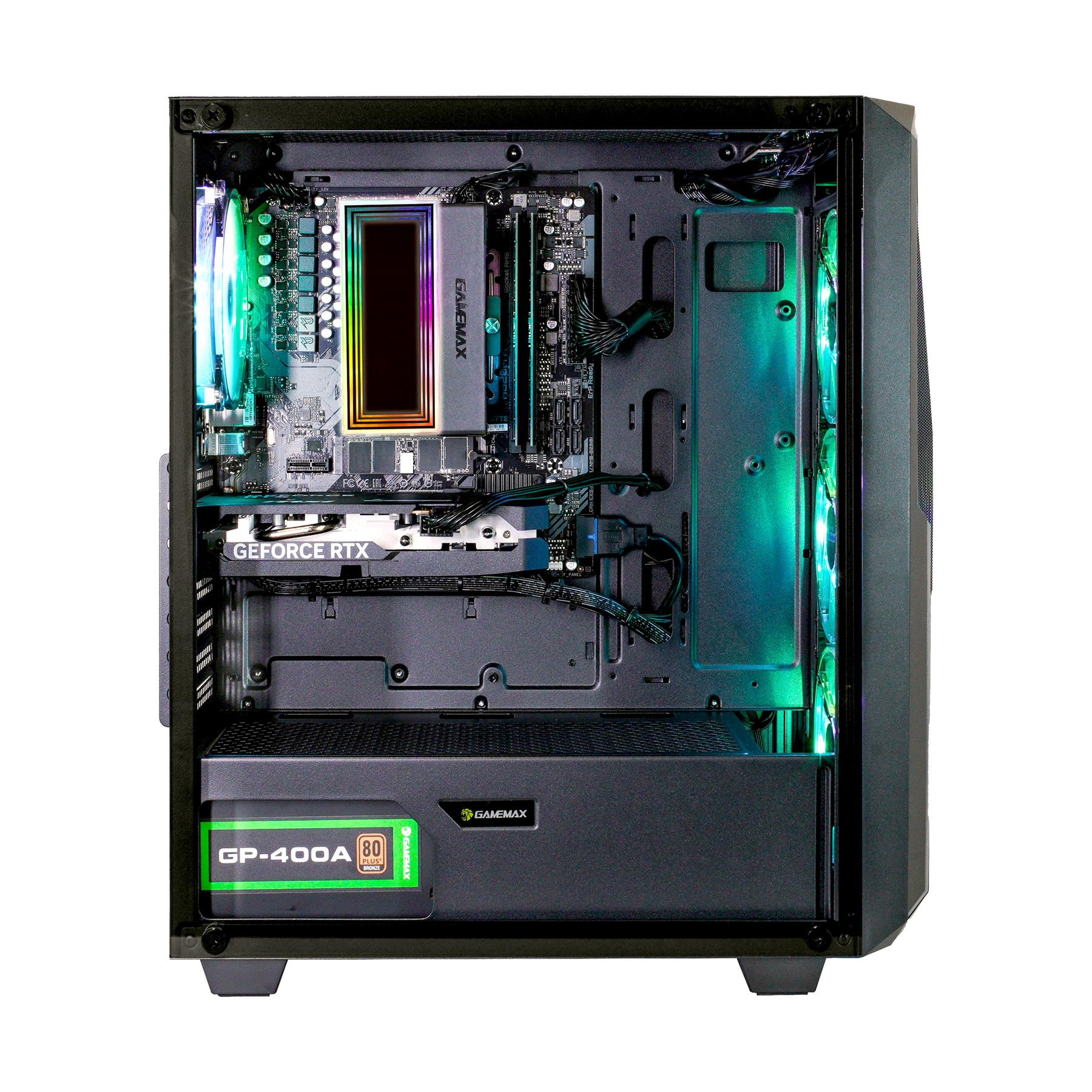 In einem Computergehäuse: Mainboard, GPU, CPU-Kühler und Netzteil sind sichtbar. RGB-Beleuchtung fügt Farbe hinzu.