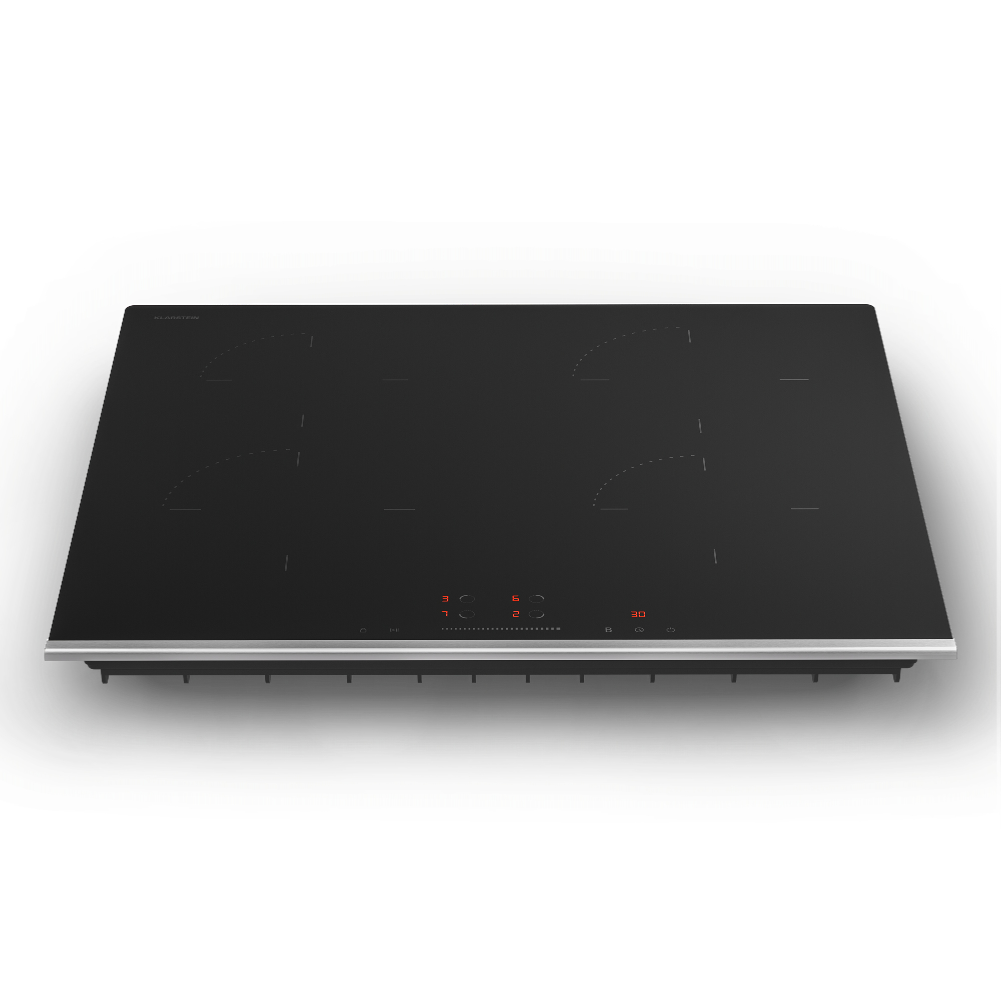 Placa de inducción negra con cuatro quemadores. Ribete plateado en la base. Pantalla digital muestra números. Fondo blanco.
