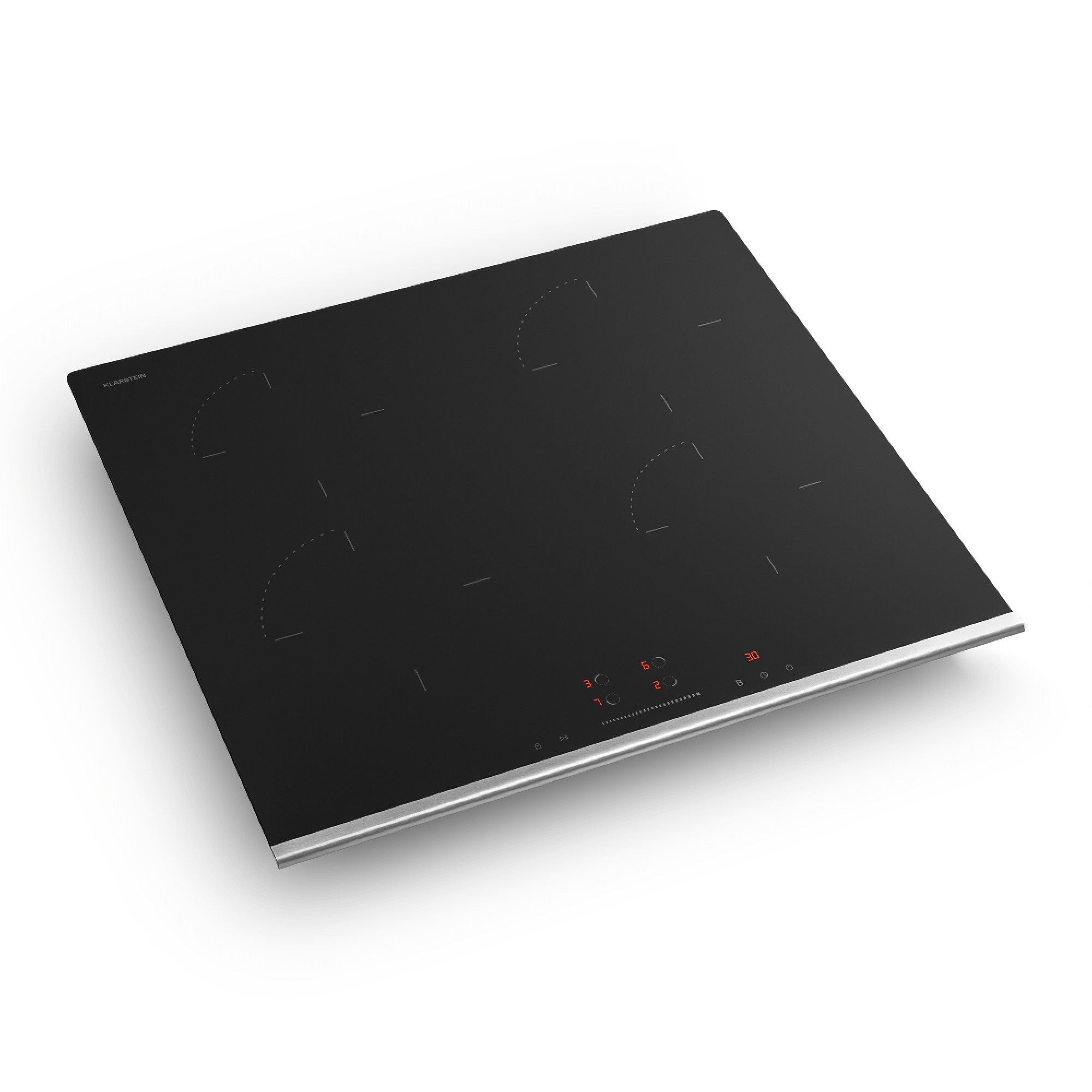 Placa de inducción negra con cuatro quemadores, borde plateado y pantalla digital roja sobre fondo blanco.