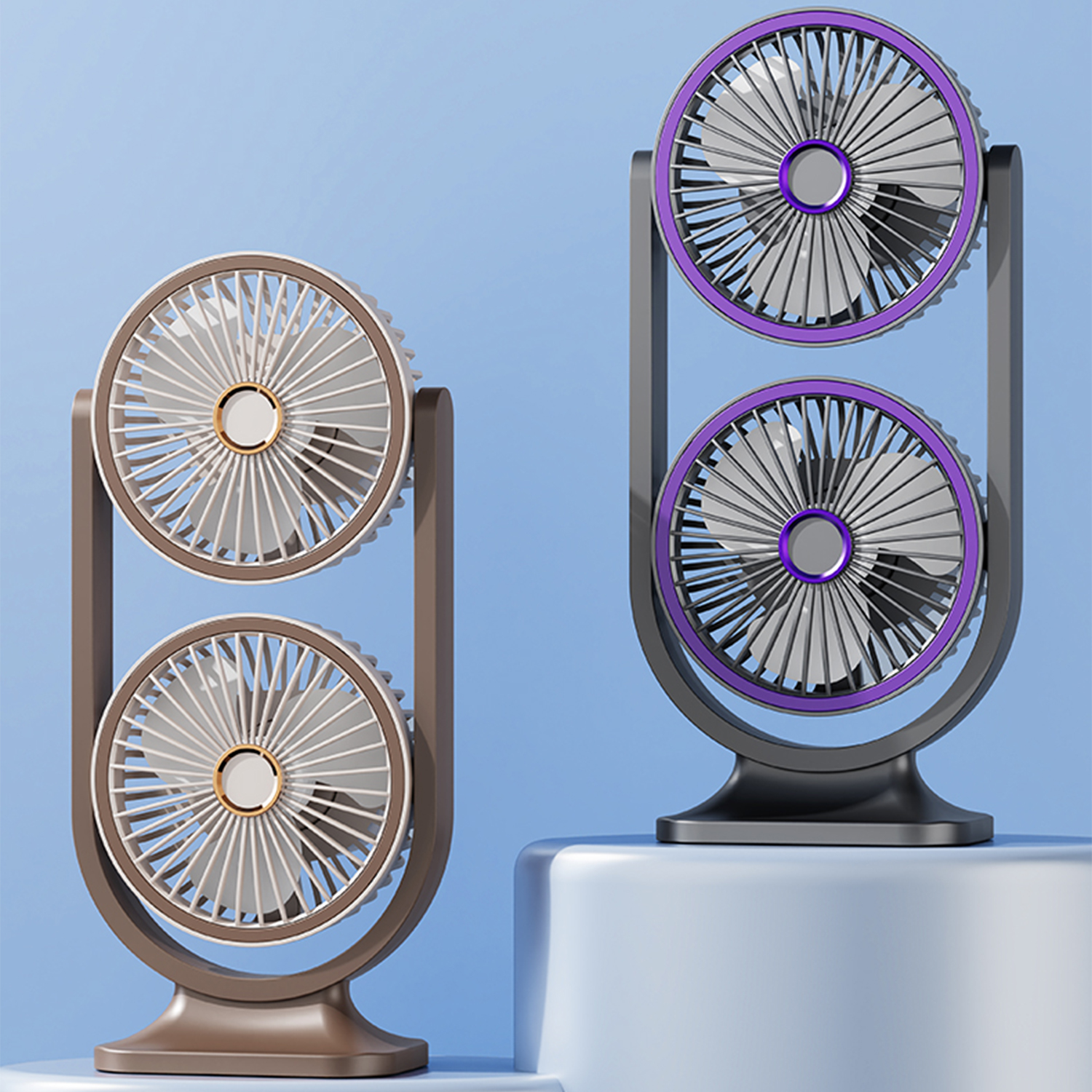 Due dispositivi a doppia ventola, uno marrone e uno nero con dettagli viola, su sfondo blu. Le ventole poggiano su una piattaforma bianca.
