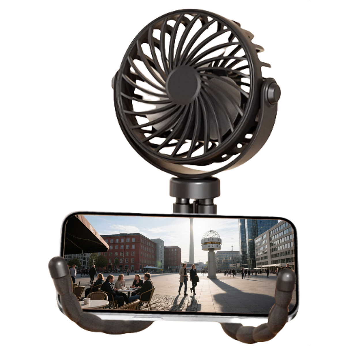 Ein Smartphone zeigt eine Stadtansicht. Über dem Telefon ist ein kleiner Ventilator angebracht. Die Szene auf dem Telefon zeigt Menschen und Gebäude.