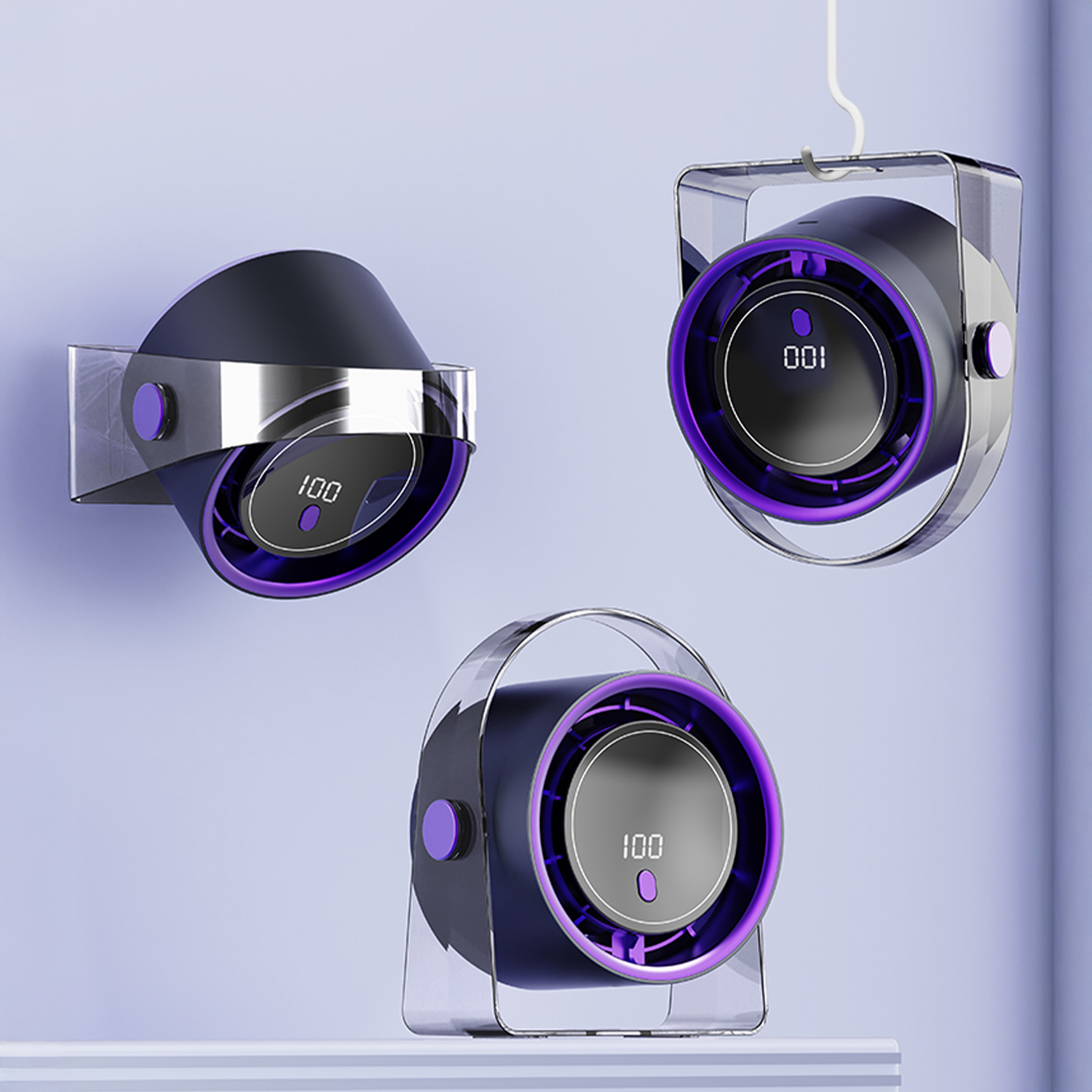 Tres ventiladores futuristas con acentos morados. Uno está montado, dos tienen asas. Cada uno muestra el número '100'.