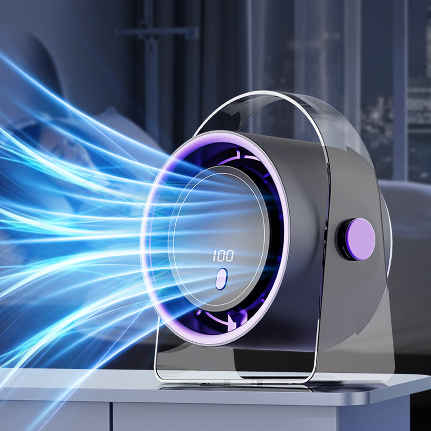 Un purificador de aire futurista con pantalla digital, emitiendo rayos de luz azul. Una persona está en la cama en el fondo.