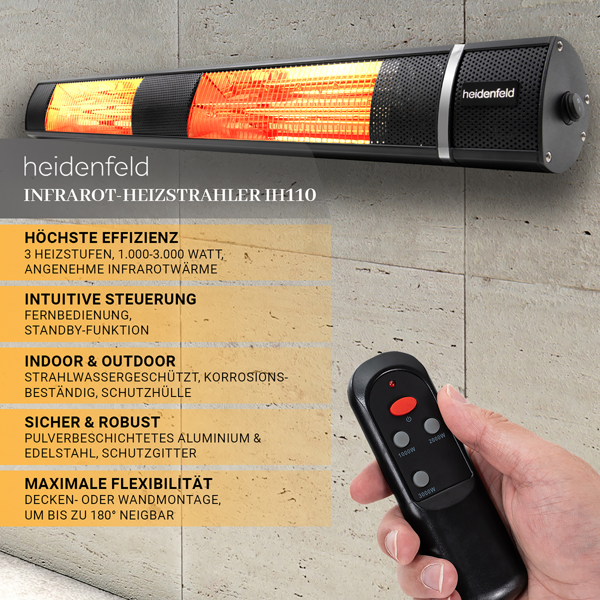 Ein Infrarot-Heizgerät ist an einer Wand montiert. Eine Hand hält eine Fernbedienung. Das Heizgerät hat ein schwarz-silbernes Design.