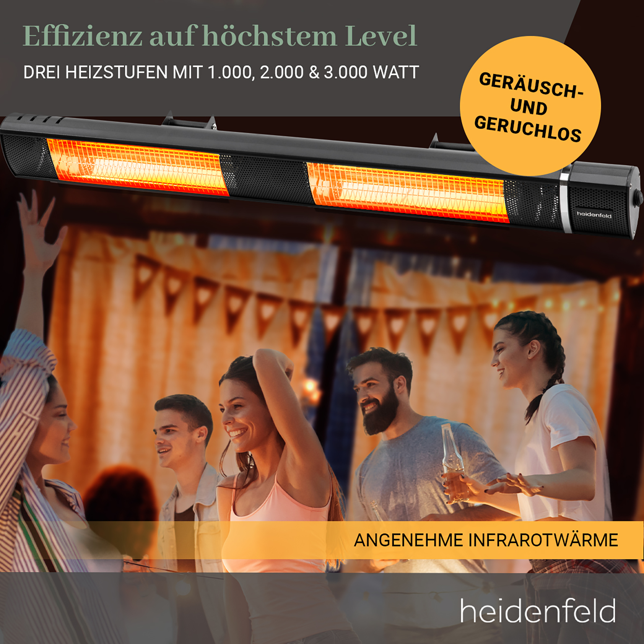 Menschen feiern unter einem Infrarotstrahler. Der Strahler ist schwarz. Text sagt 'Infrarotwärme' und 'Effizienz auf höchstem Niveau'.