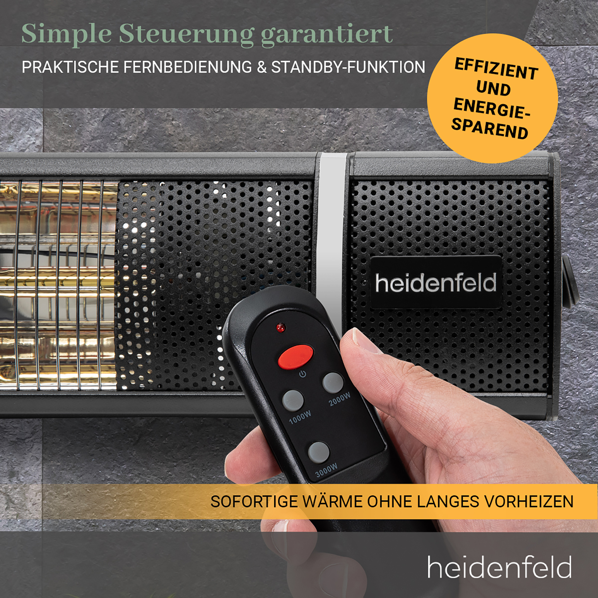 Eine Hand hält eine Fernbedienung für eine schwarze Heizung. Die Heizung hat ein Metallgitter und den Markennamen.