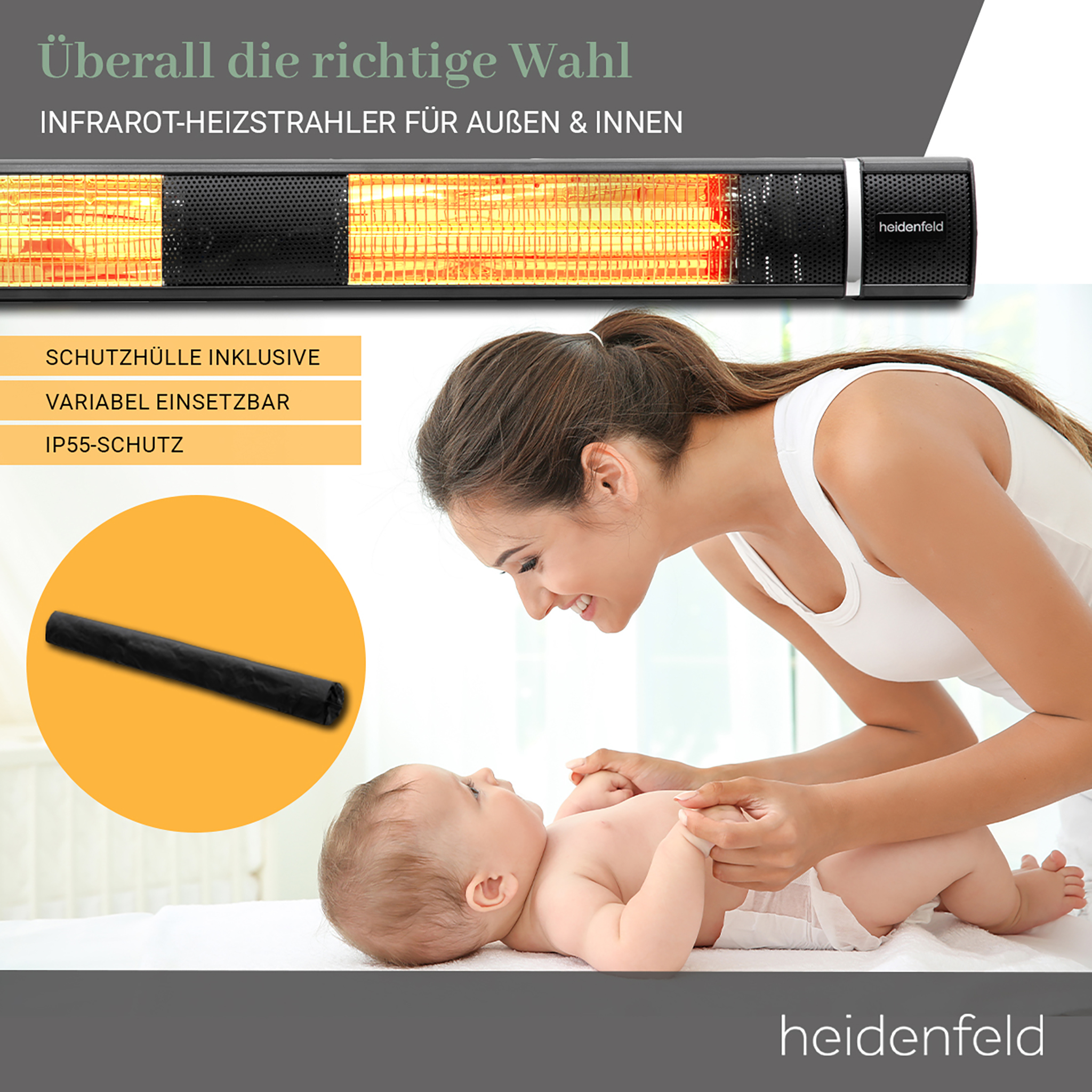 Eine Frau lächelt ein Baby an, das auf einem weißen Tuch liegt. Oben wird ein schwarzer Heizstrahler gezeigt. Text beschreibt die Eigenschaften.