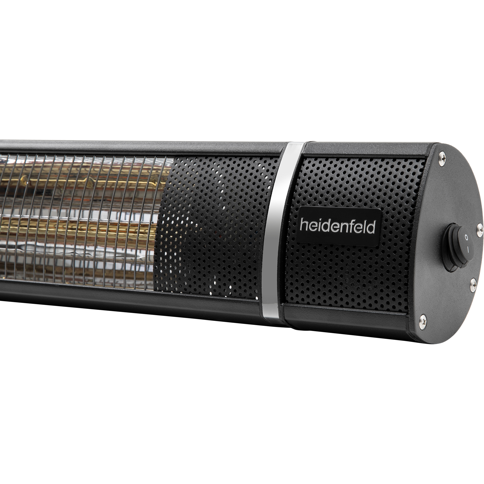 Nahaufnahme eines schwarzen Heidenfeld-Elektroheizgeräts. Es hat eine perforierte Metallabdeckung und einen Ein-/Ausschalter.
