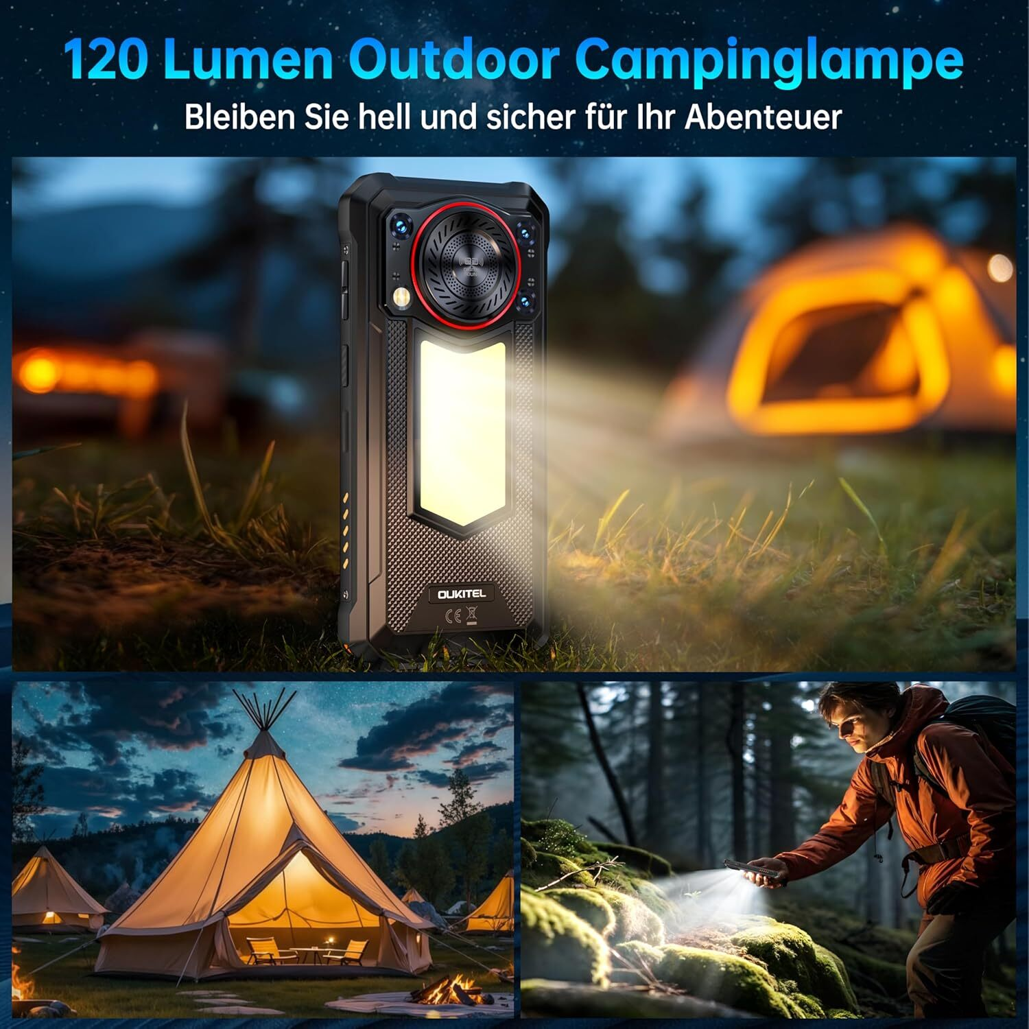 Eine Campinglampe steht im Mittelpunkt. Sie ist schwarz, und das Licht ist an. Im Hintergrund sind Zelte und eine Person im Wald.