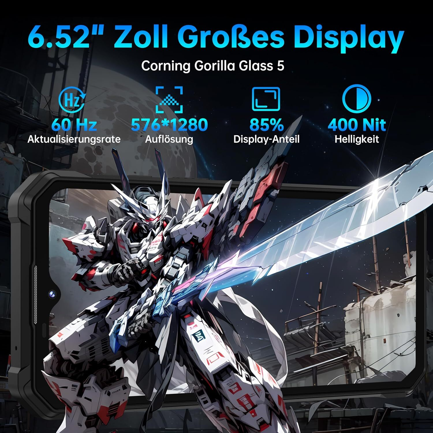 Ein Telefonbildschirm zeigt einen Roboter mit einem Schwert. Oben steht 6,52 Display, Corning Gorilla Glass 5. Statistiken werden angezeigt.