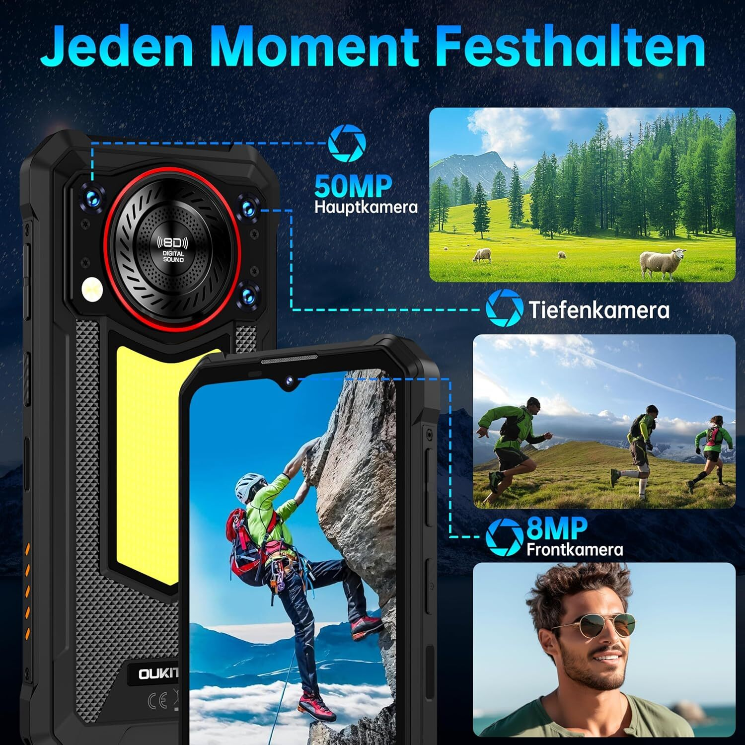 Ein robustes Smartphone mit mehreren Kamerafunktionen. Bilder zeigen einen Kletterer, Läufer und einen Mann. Text lautet 'Jeden Moment Festhalten'.