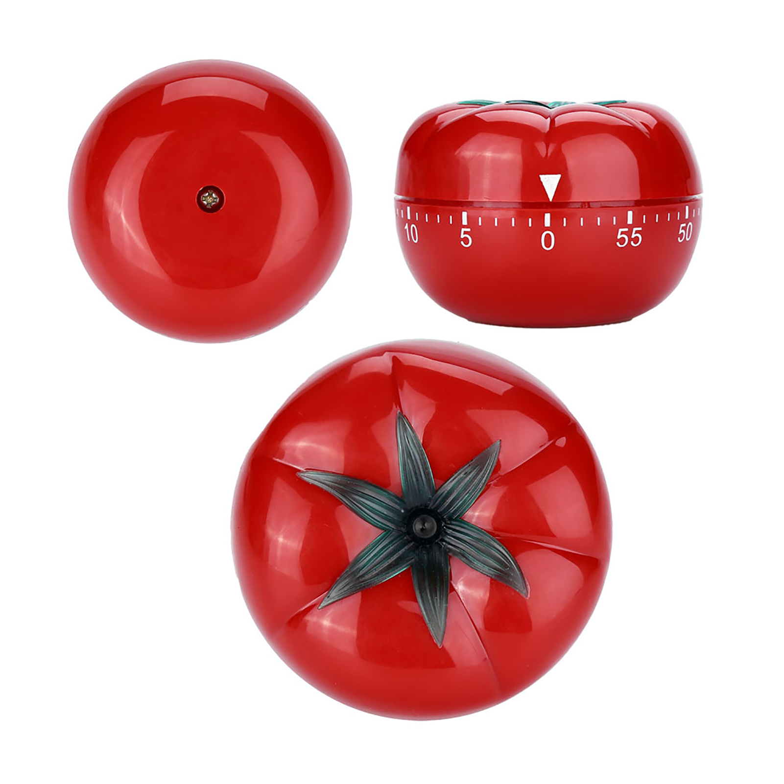 Drei rote, tomatenförmige Küchentimer. Eine Draufsicht, eine Seitenansicht mit Zahlen und eine mit grünen Blättern.