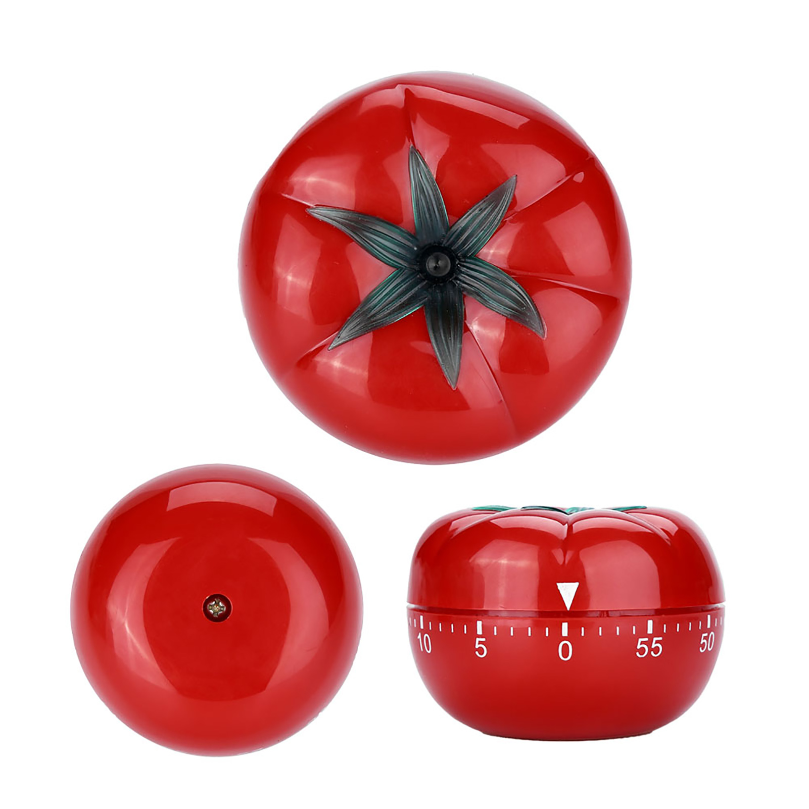 Drei rote, tomatenförmige Küchenwecker werden angezeigt. Einer von oben, einer von der Seite und einer von unten.
