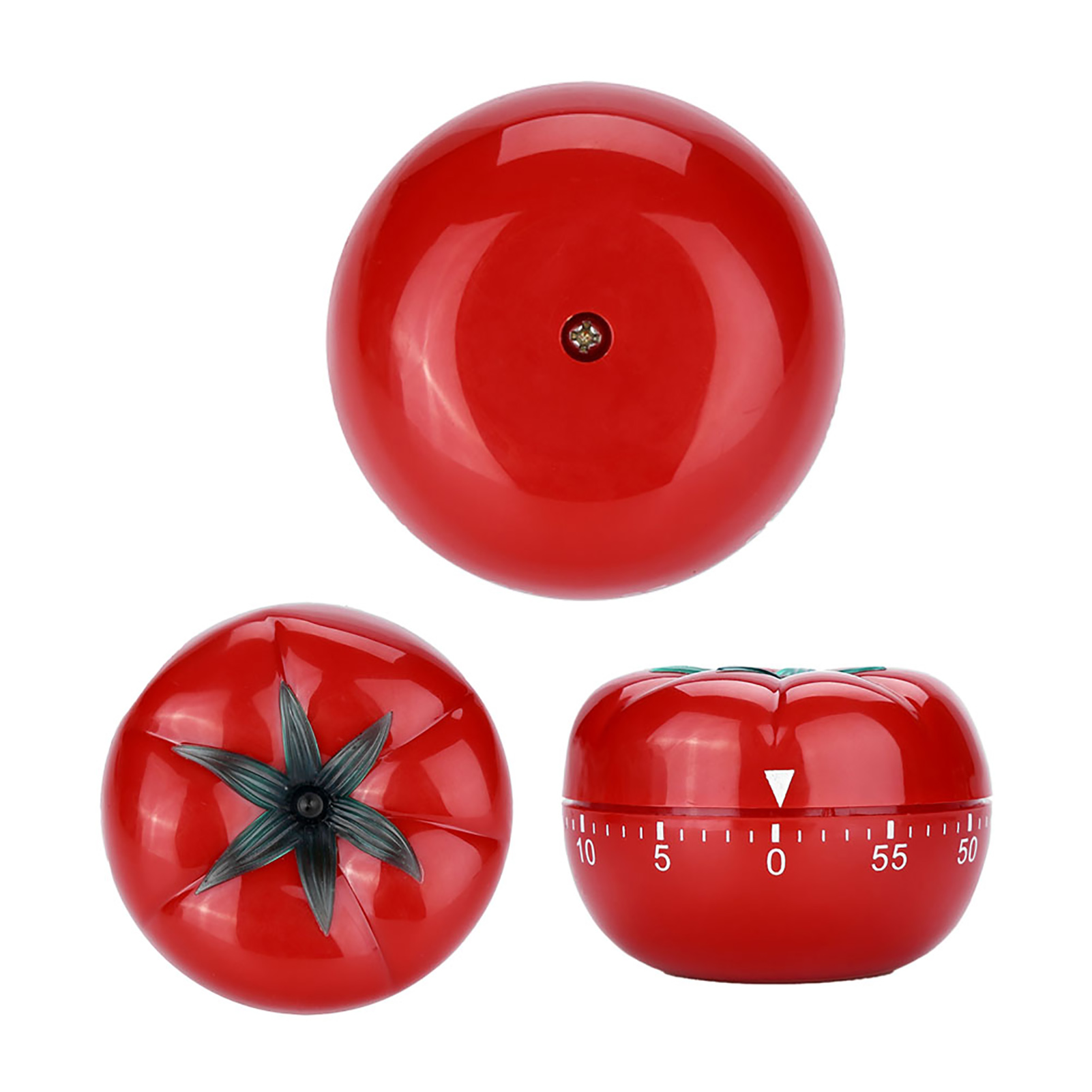 Drei rote, tomatenförmige Küchentimer. Eine Draufsicht, eine Seitenansicht und eine mit Zeitmarkierungen.