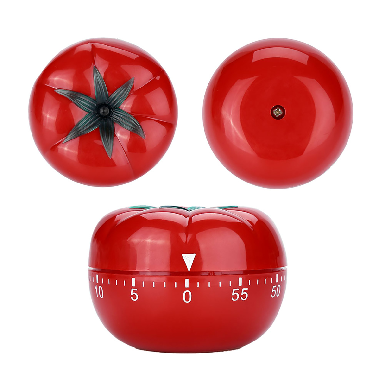 Drei rote, tomatenförmige Küchenwecker werden gezeigt. Einer zeigt die Oberseite mit grünen Blättern, einer die Unterseite und der dritte den Timer.