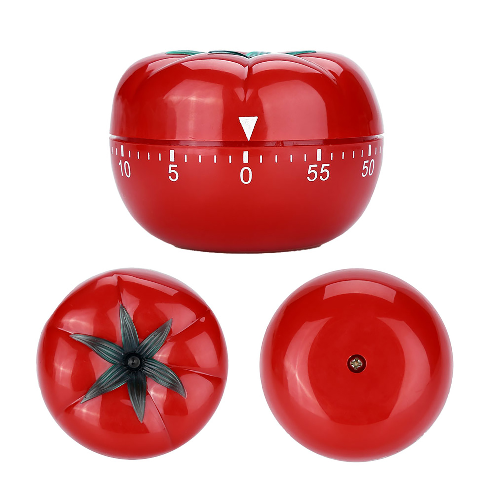 Drei tomatenförmige Küchenwecker. Einer zeigt die Timer-Oberfläche, die anderen zeigen die Ober- und Unterseite.