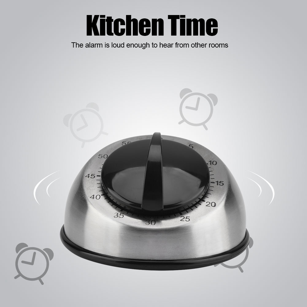 Ein silberner Küchentimer mit schwarzem Knopf. Er zeigt die Zeit an. Der Text "Kitchen Time" steht oben.